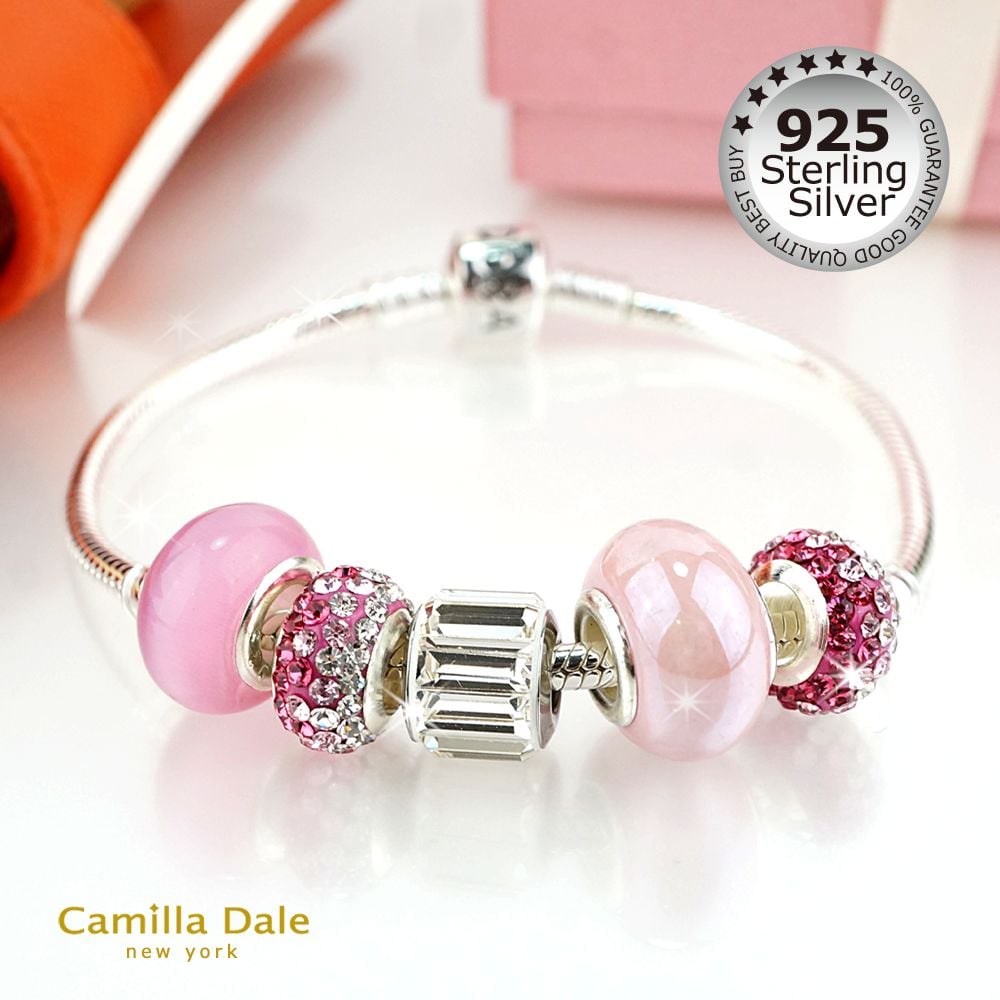CamillaDale 925純銀晶亮粉紅手鍊 適用於歐珠 大口徑珠