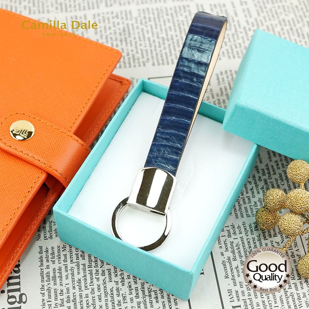 Camilla Dale 韓國正蛇皮深藍自動拉環鑰匙圈(銀)