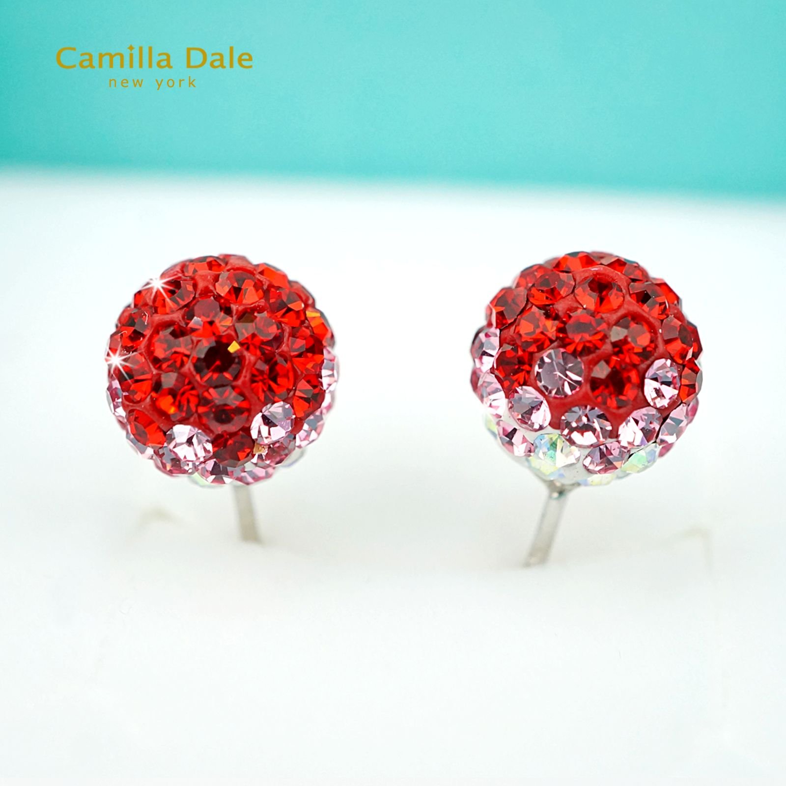 CamillaDale 8mm繡花球水鑽耳環(亮暹羅紅)