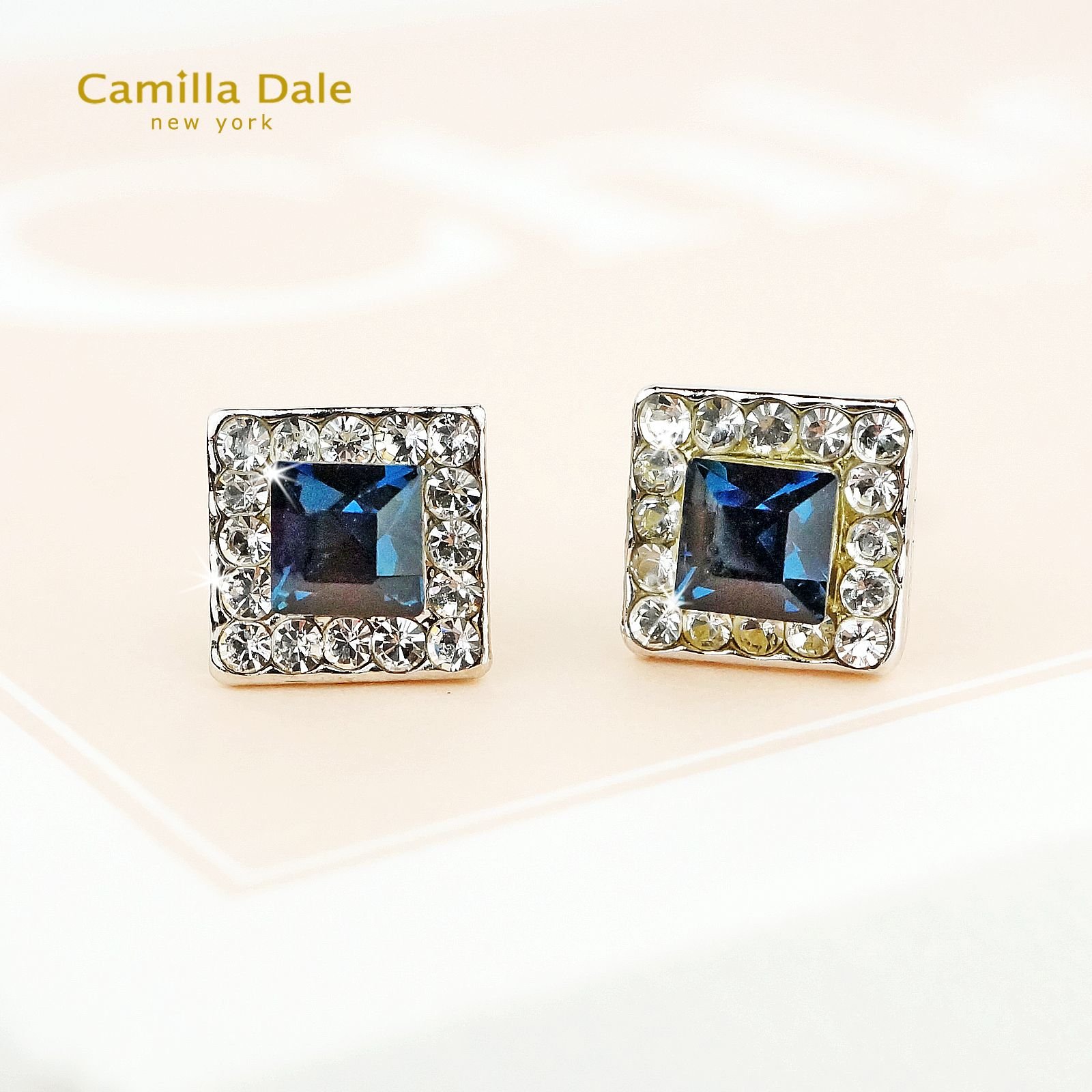 CamillaDale 7mm 方型水鑽不鏽鋼耳環(蒙大拿藍)