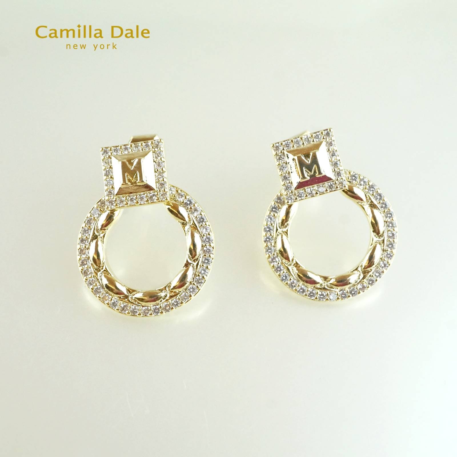 Camilla Dale 925純銀小香風織布水鑽耳環