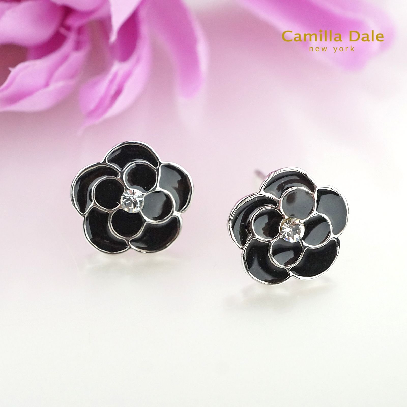 CamillaDale 10mm小山茶花黑色耳環