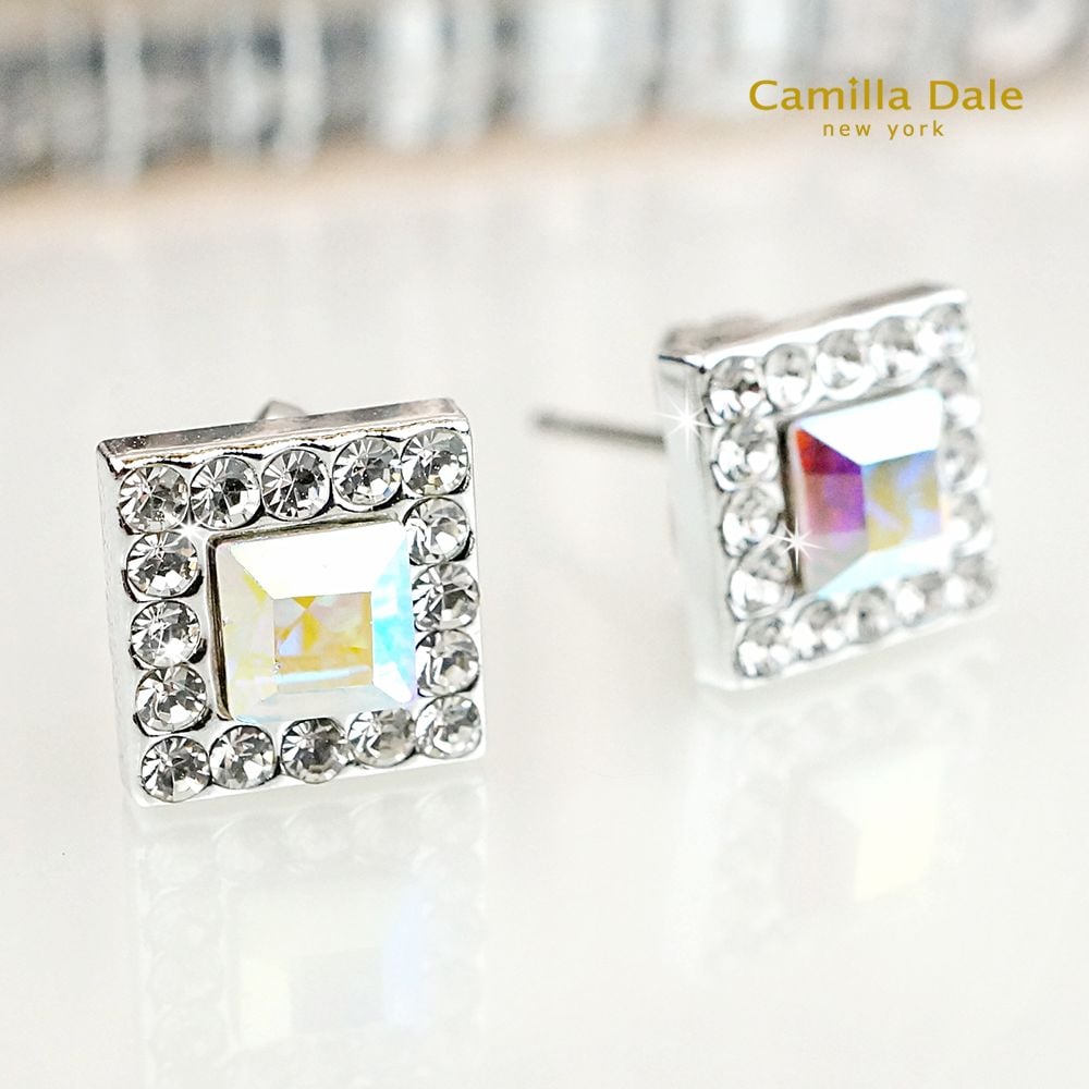CamillaDale 7mm 方型水鑽不鏽鋼耳環(水晶亮彩)