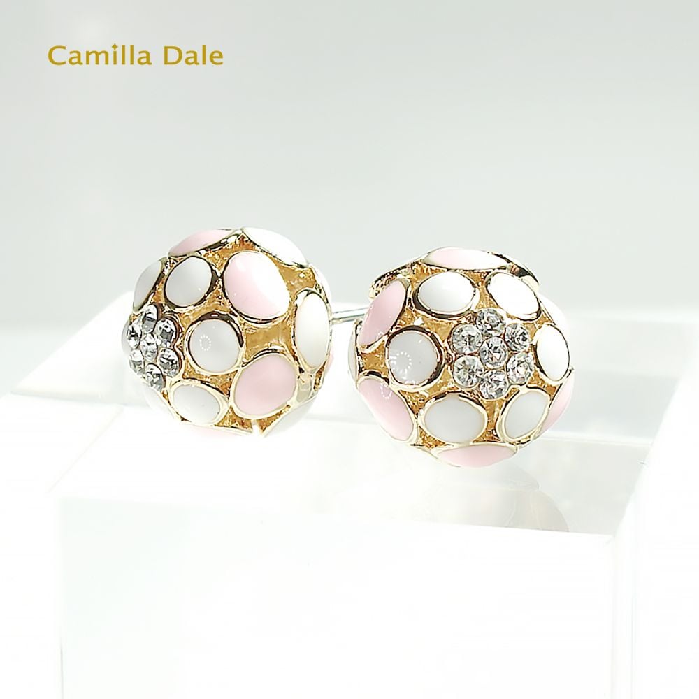 CamillaDale古典繡花立體圓球水晶耳環(粉)