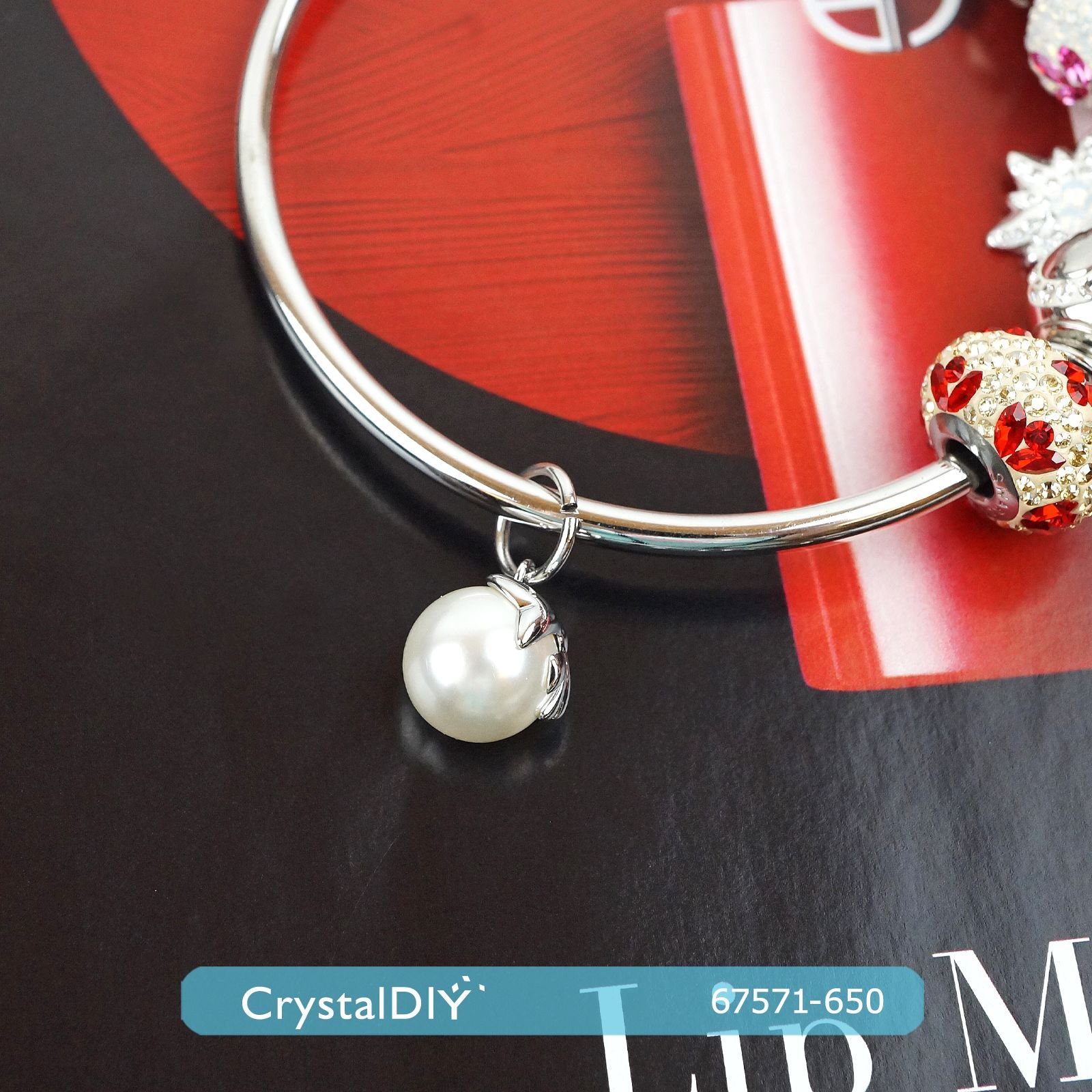 CrystalDIY奧地利水晶SW 蝴蝶結珍珠吊墜 #67571 雪白珍珠鍍銠金屬