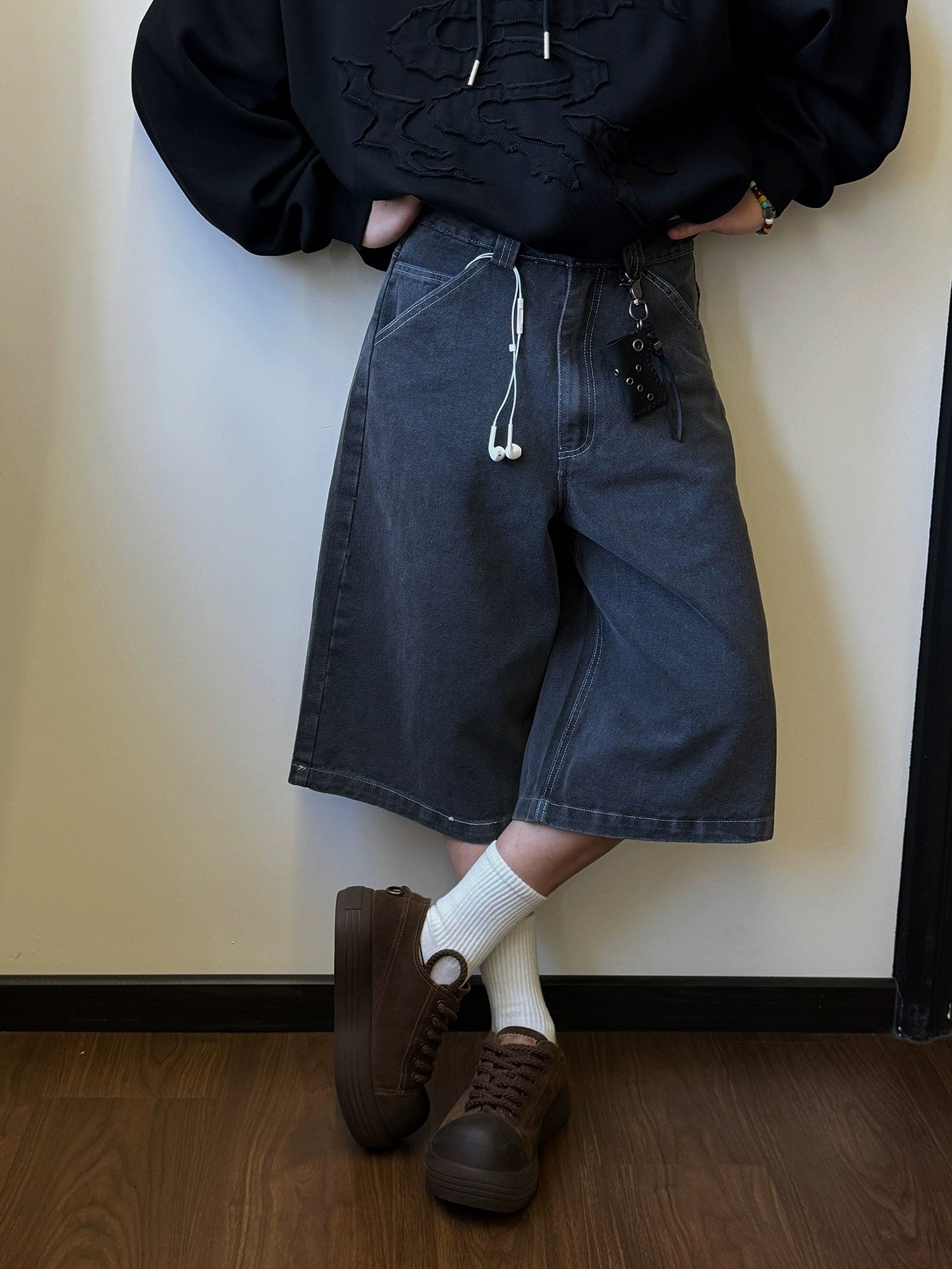 ♡韓國設計水洗黑灰七分牛仔褲♡