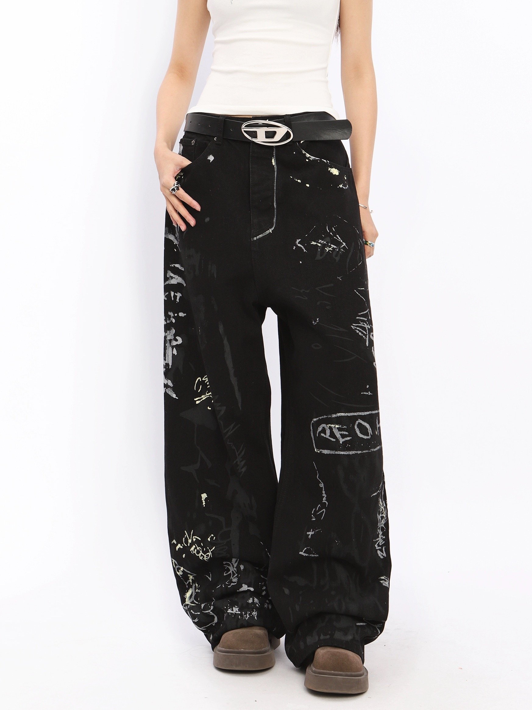 ♡韓國塗鴉質感黑色牛仔褲♡