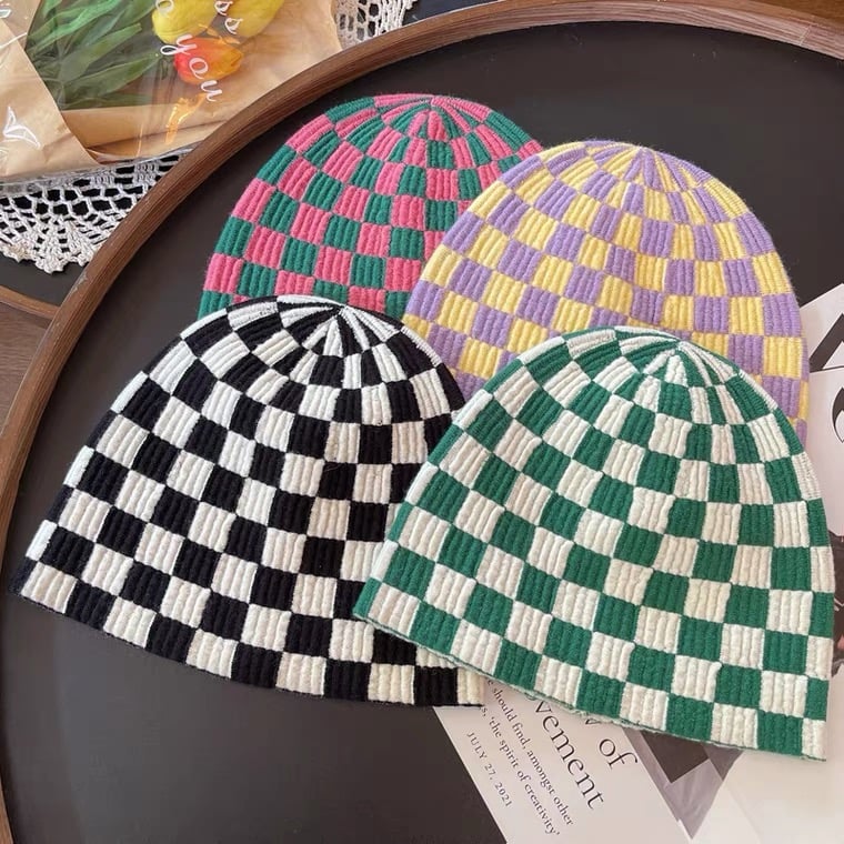 韓國棋盤格針織毛帽