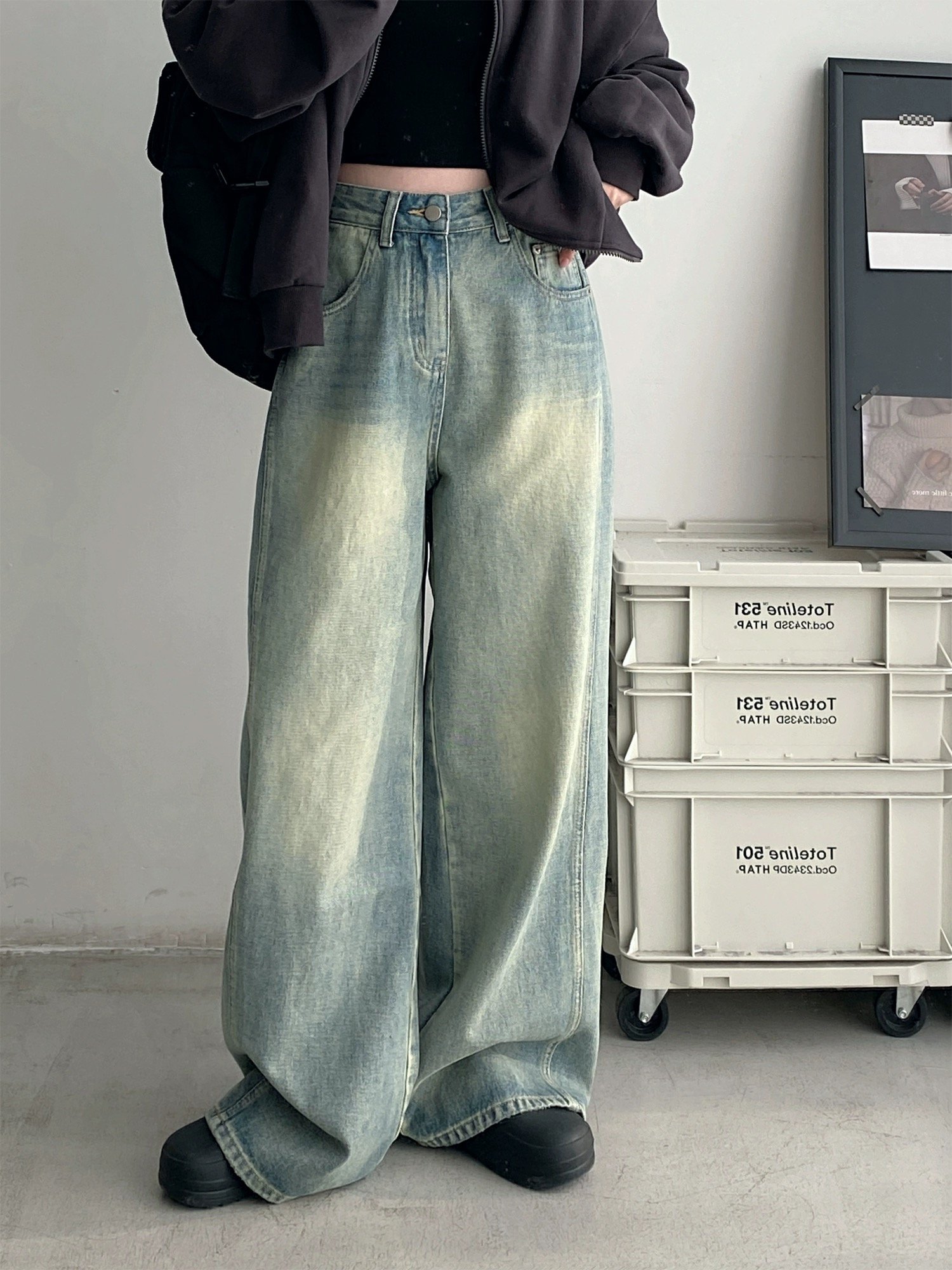韓國百搭水洗淺藍落地牛仔褲