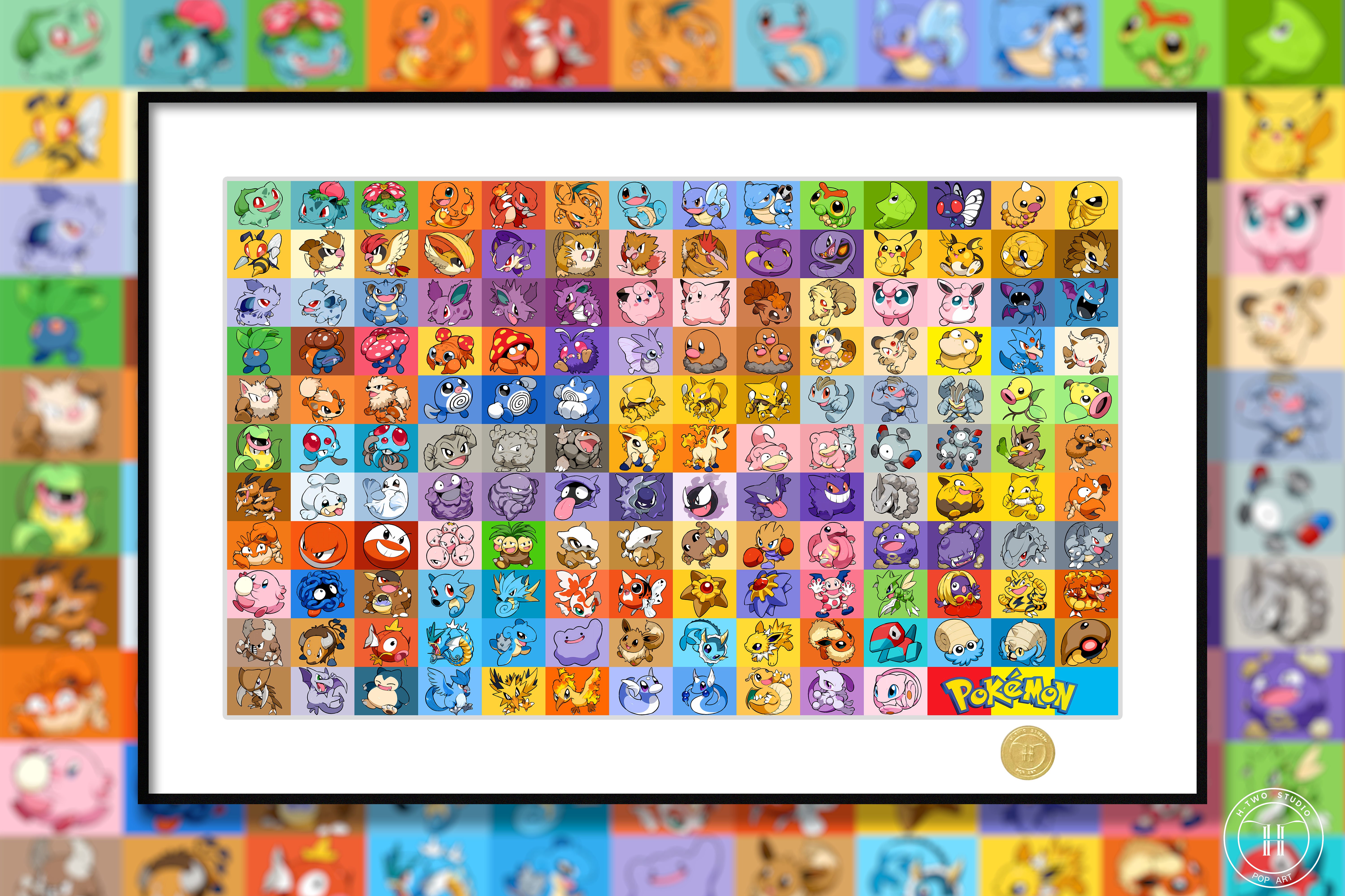【週邊】H2工作室-寶可夢第一代 神奇寶貝皮卡丘耿鬼伊布超夢幻禦三家裝飾畫