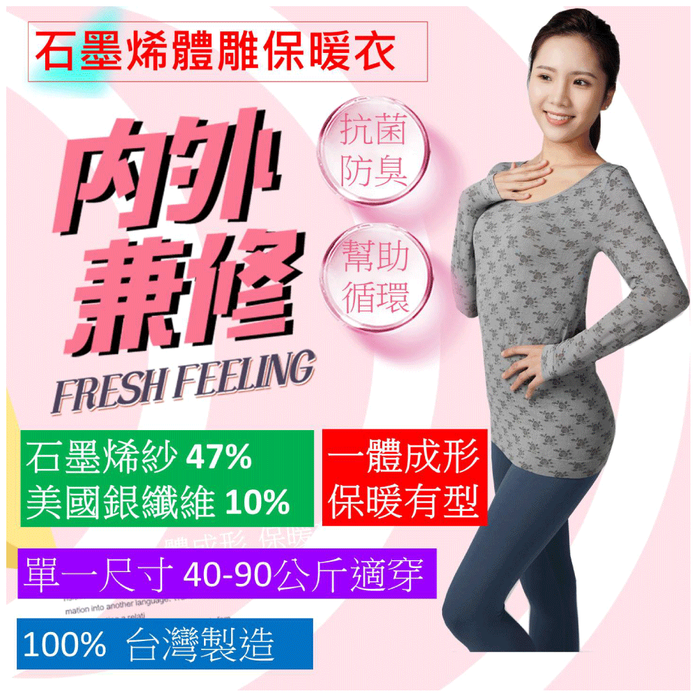 石墨烯銀纖維能量體雕衣一體成型保暖衣，修復健康內著衣(臺灣制)