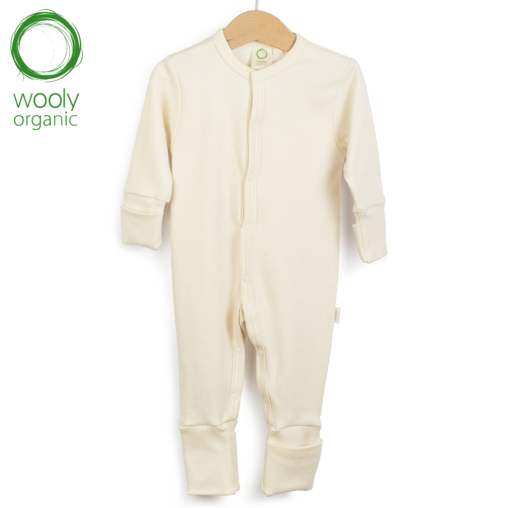 WoolyOrganic有機棉絨 前開襟長袖連身褲(原色米)
