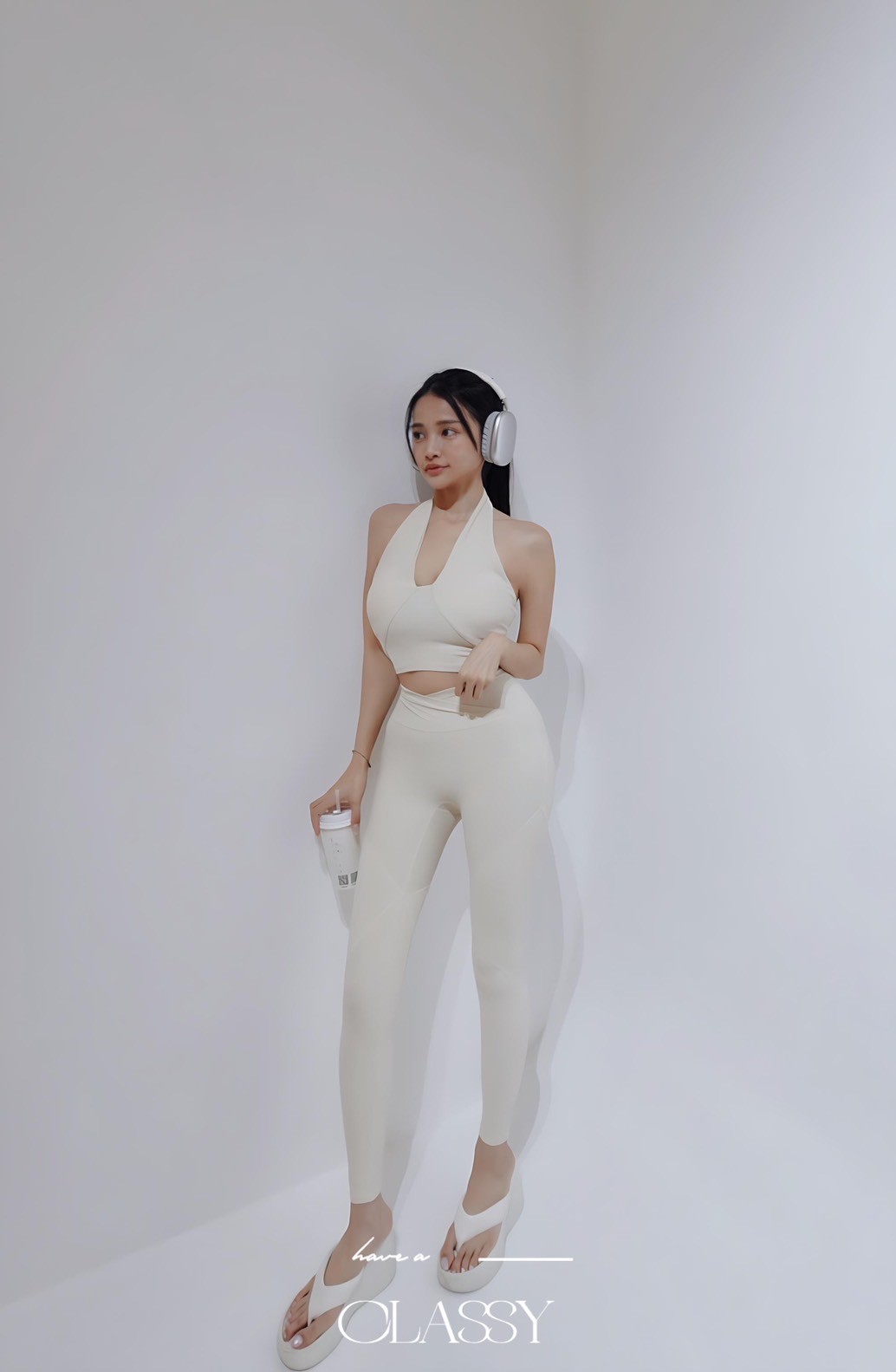 高質感繞脖瑜珈套裝 米白