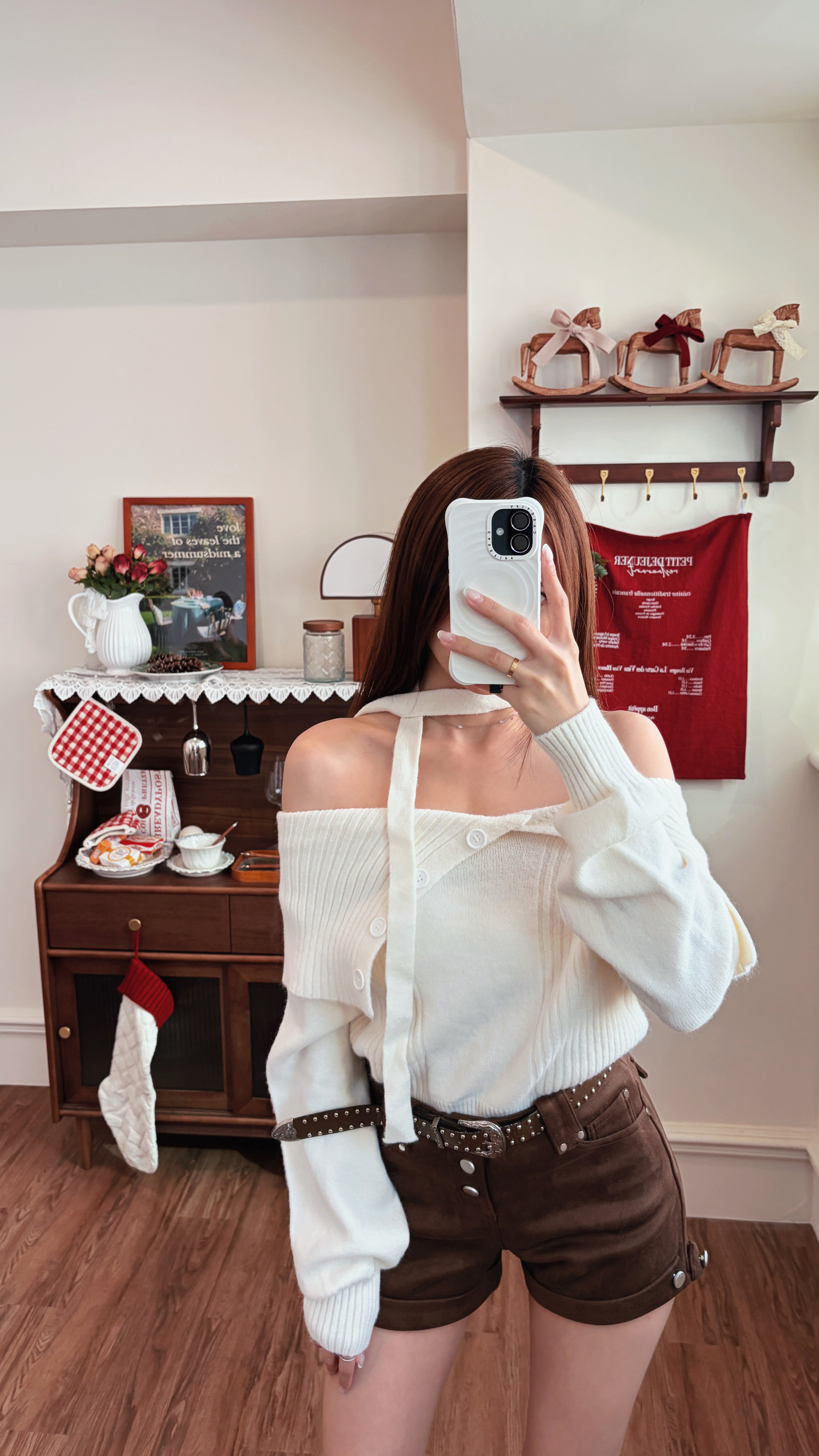 Xmas 暖呼呼一字大翻領針織毛衣(附圍脖) 米白