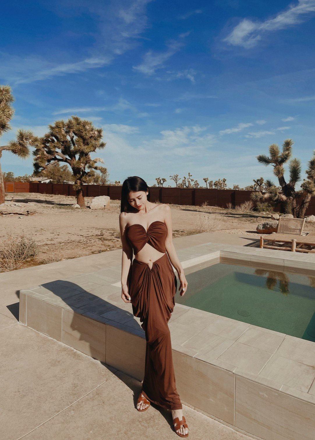 LA沙漠度假魚骨咖色長裙套裝