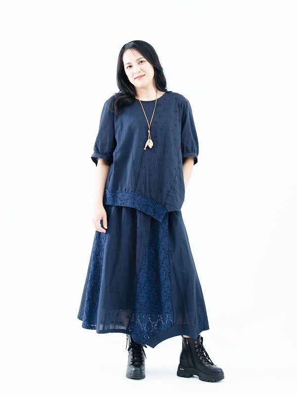 SEDA 超大尺碼圓領短袖拼接下擺蕾絲上衣1111004