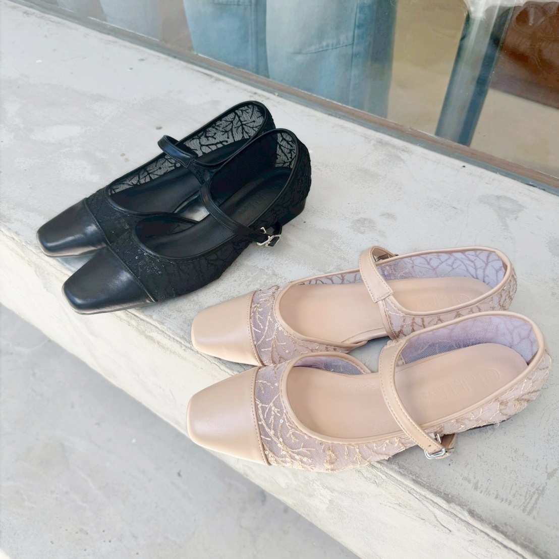 法式閃耀蕾絲低跟瑪莉珍鞋