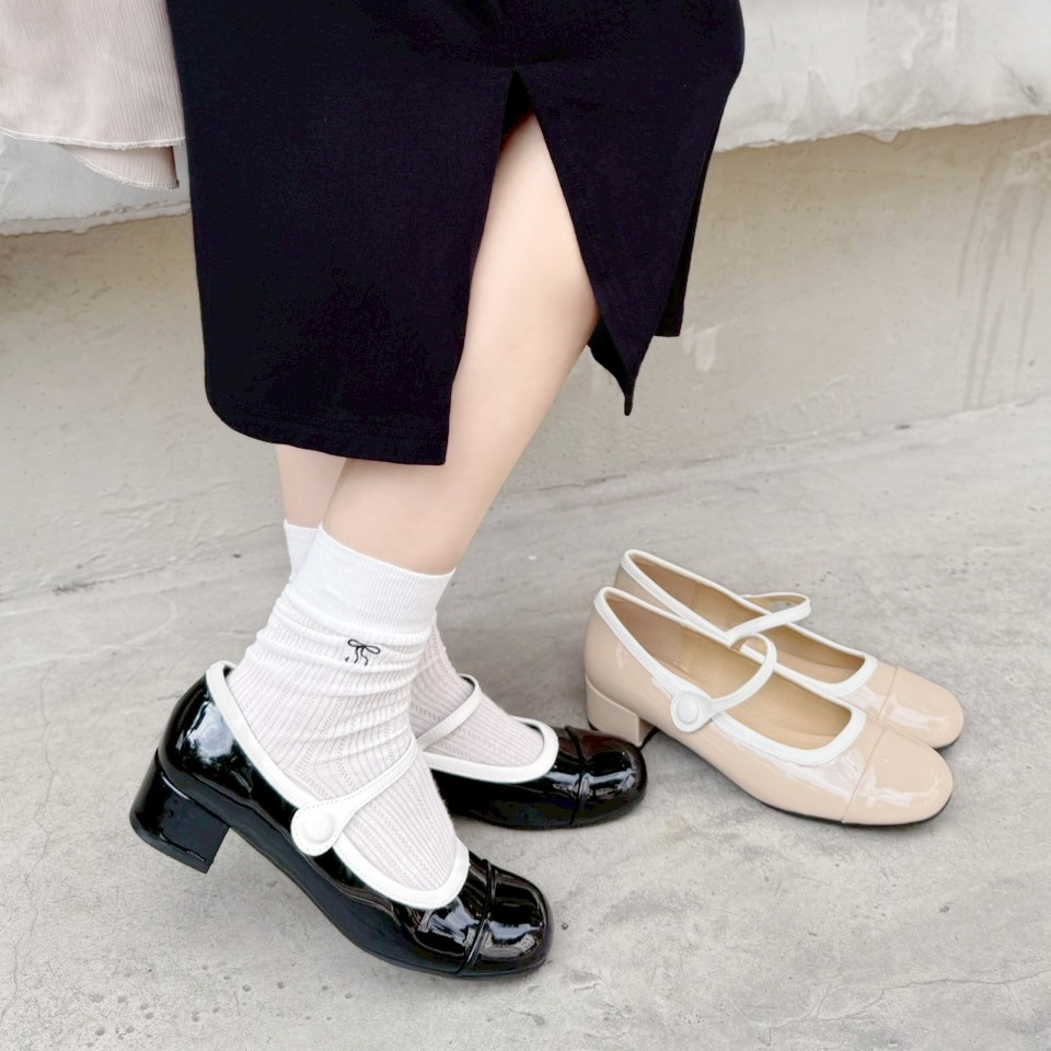 雙色漆皮瑪莉珍粗跟鞋