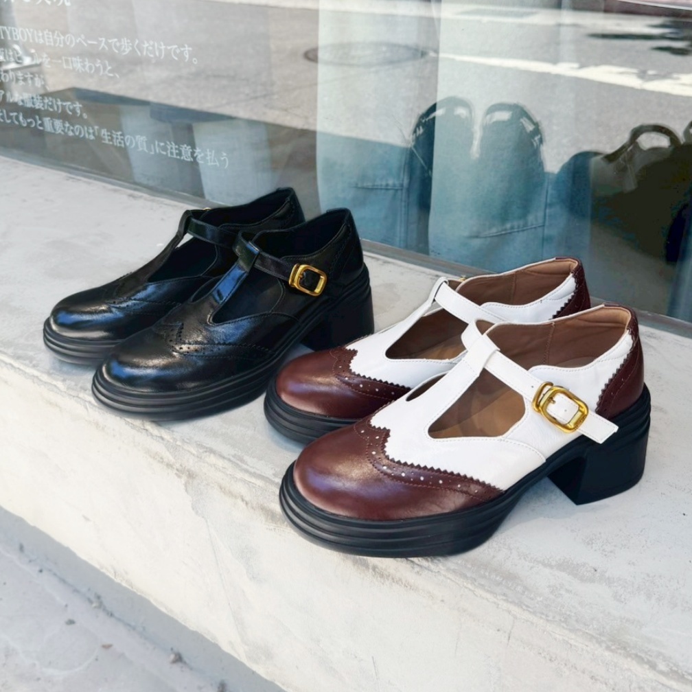 復古雕花雙色T字粗跟瑪莉珍