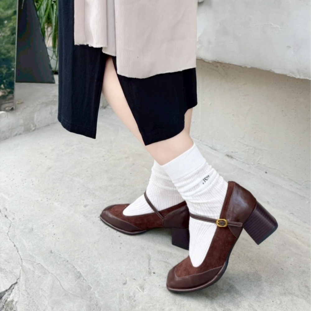 方頭絨布拼接瑪莉珍粗跟鞋