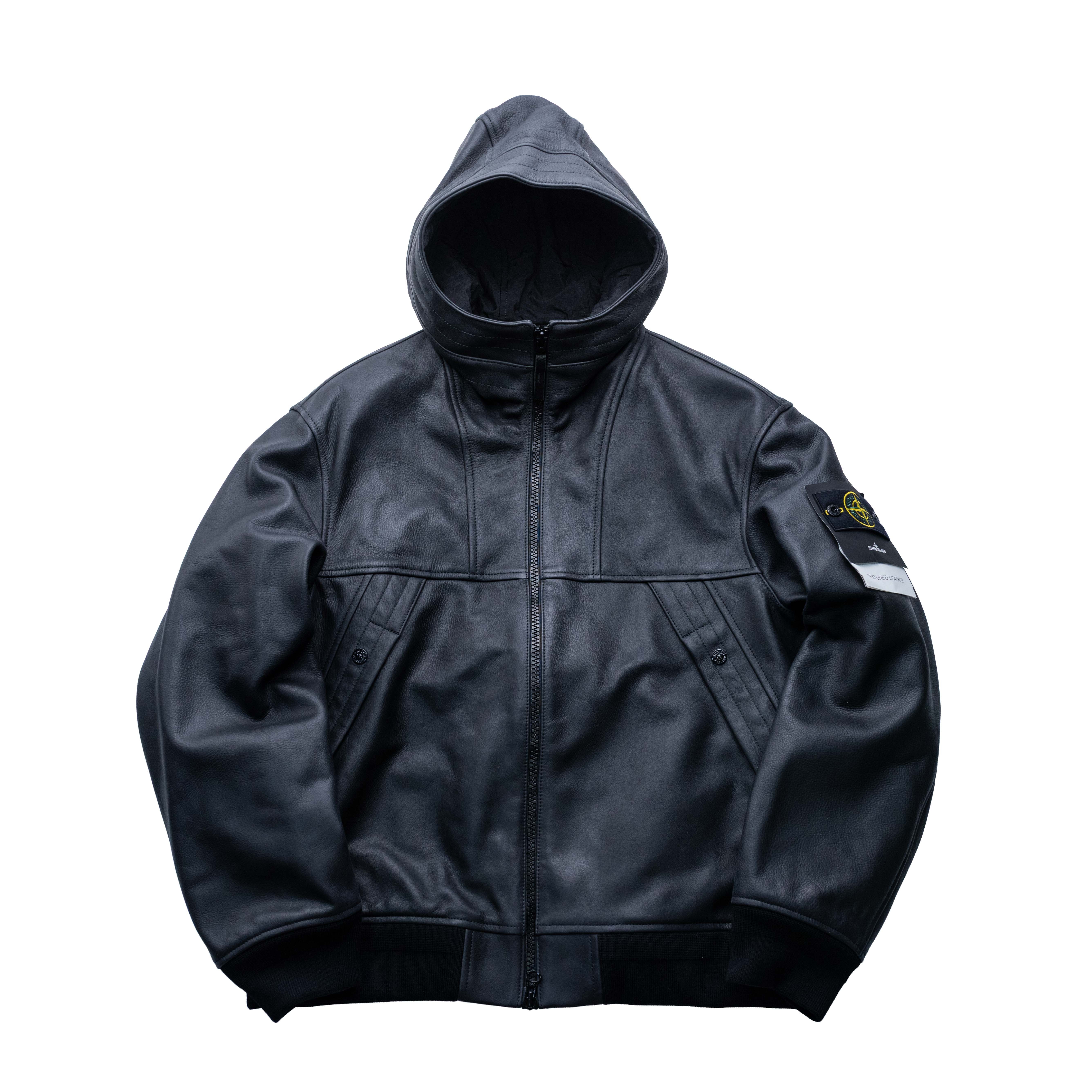 Stone Island Texture Leather 壓紋連帽皮衣 黑