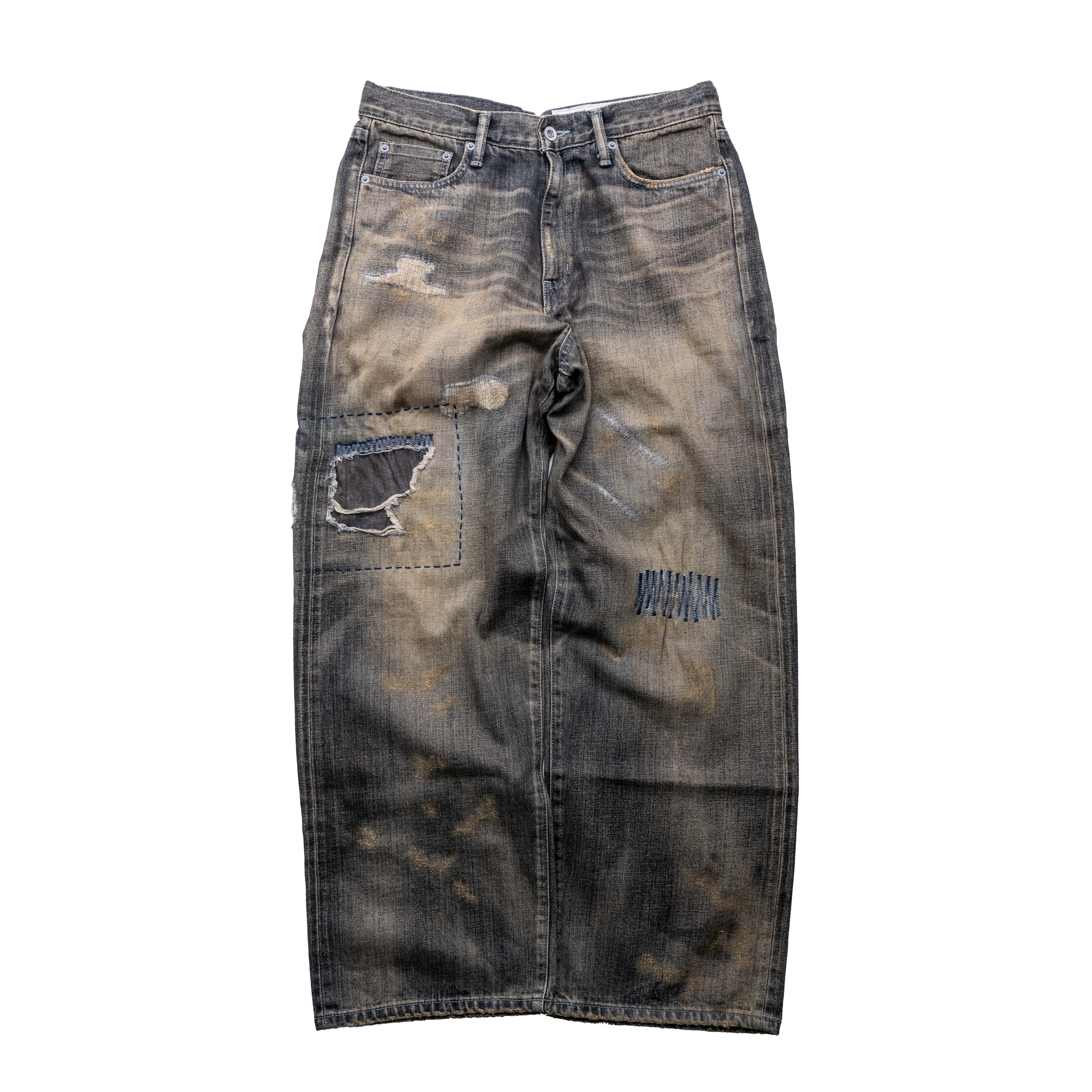 Neighborhood 寬版破壞水洗牛仔褲 黑