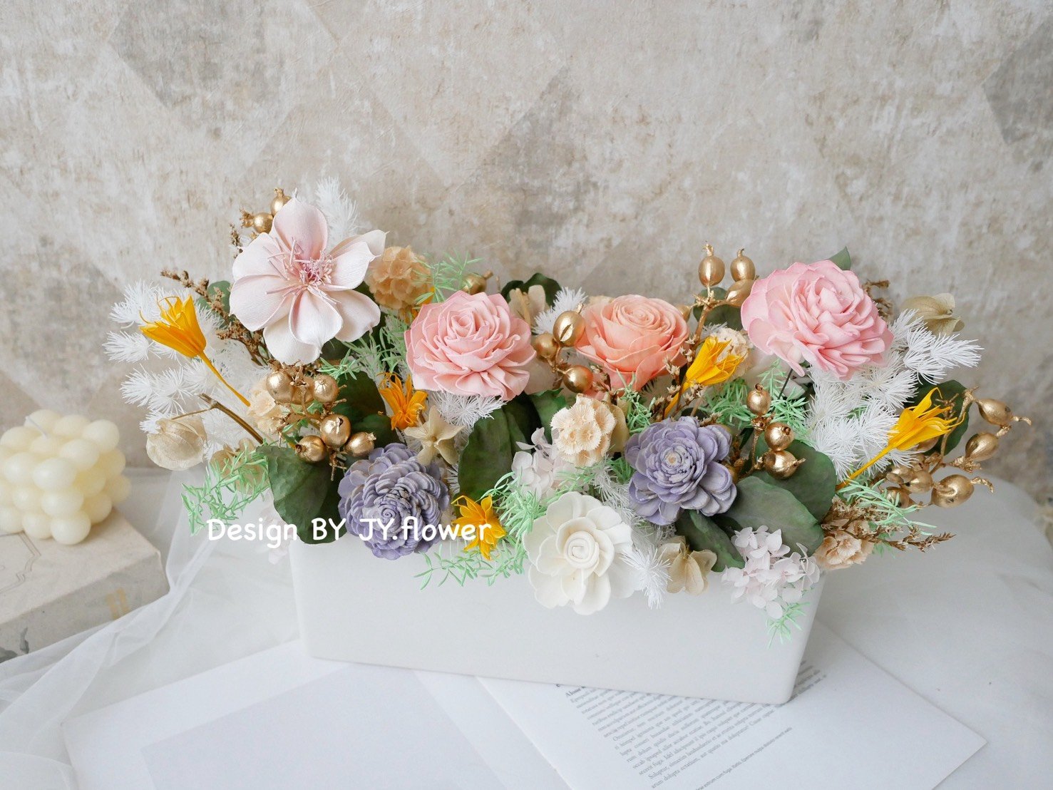 大型長盆乾燥花盆花【莫內花園】