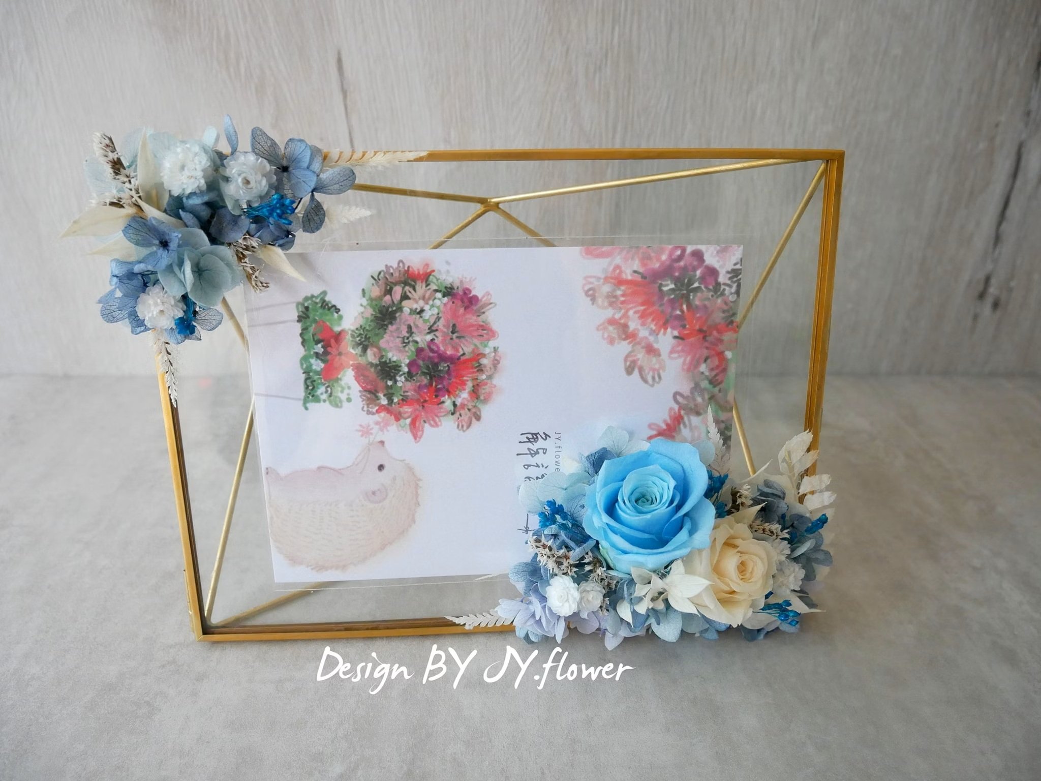 永生玫瑰繡球仿舊金屬玻璃相框【湛藍】