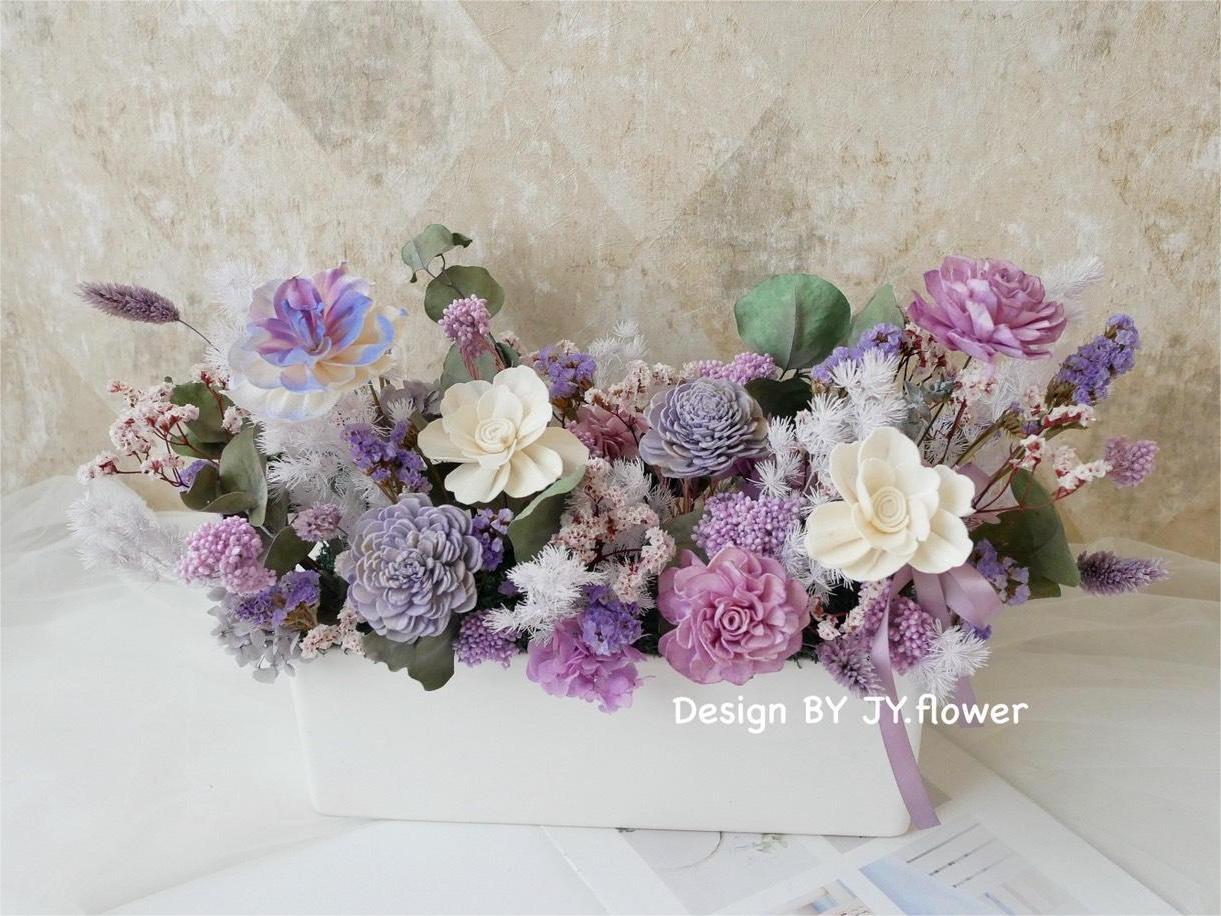 大型長盆乾燥花盆花【迷濛紫漾】