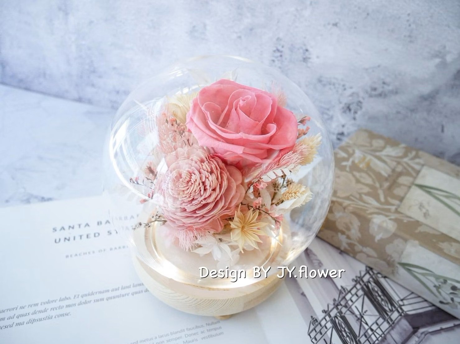 乾燥永生玫瑰水晶球玻璃罩夜燈【桃粉甜心】