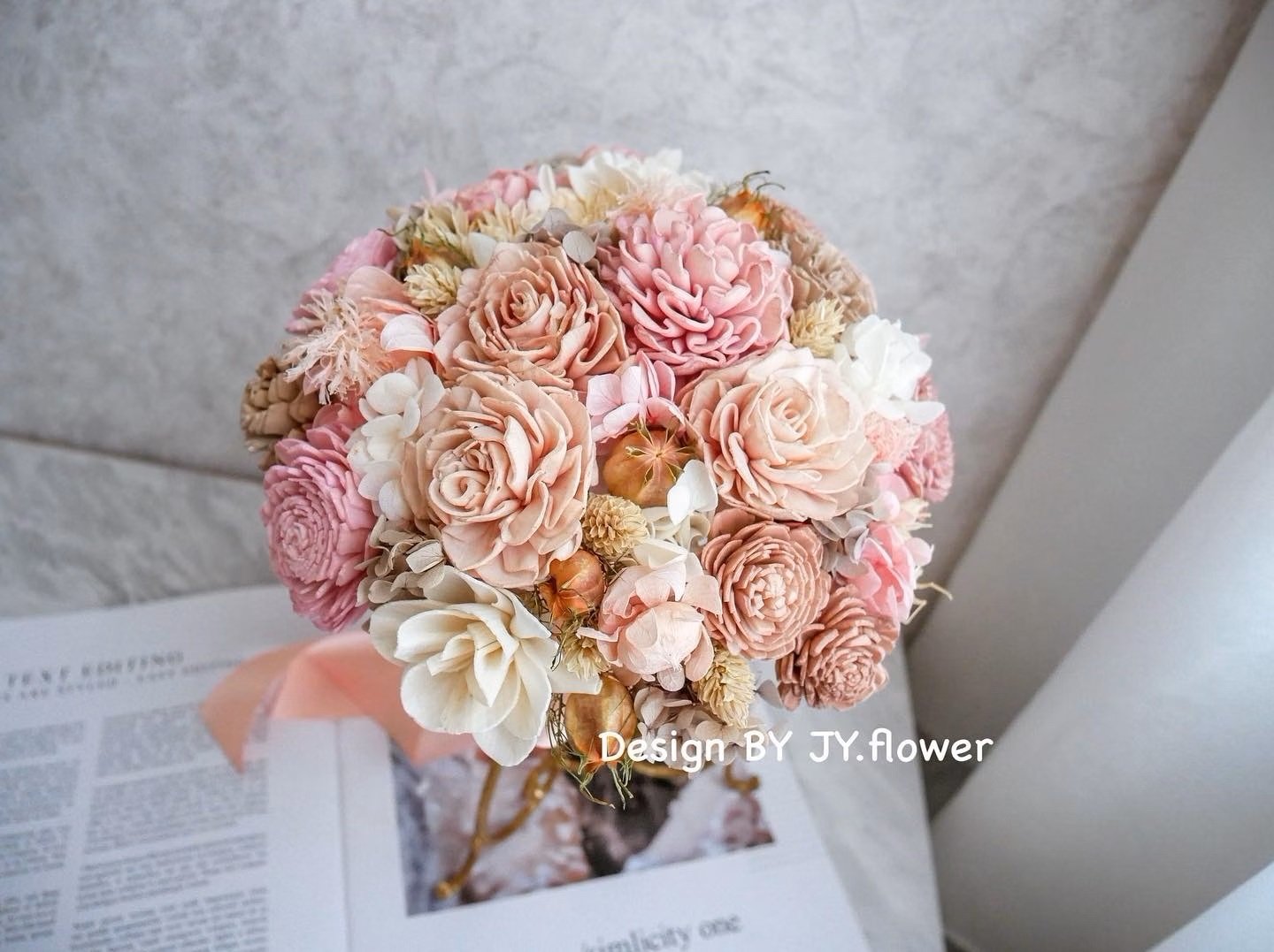 圓形乾燥花分束捧花【粉櫻輕裸】