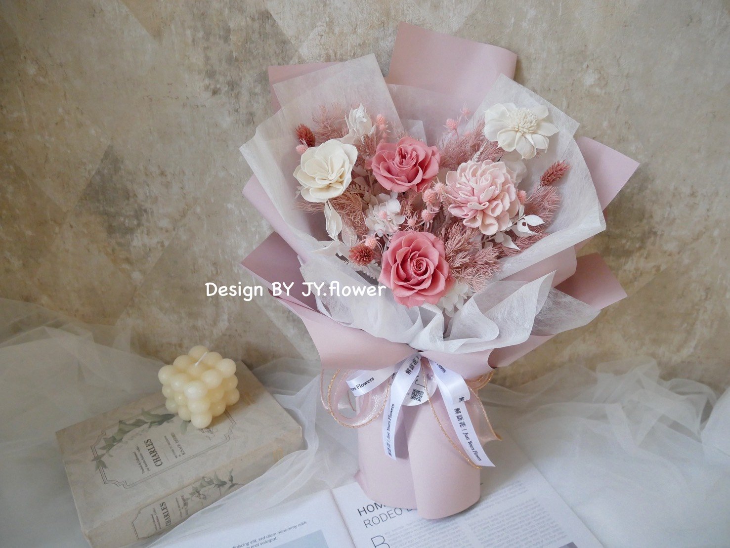 中大型韓式永生玫瑰花束【煙粉】