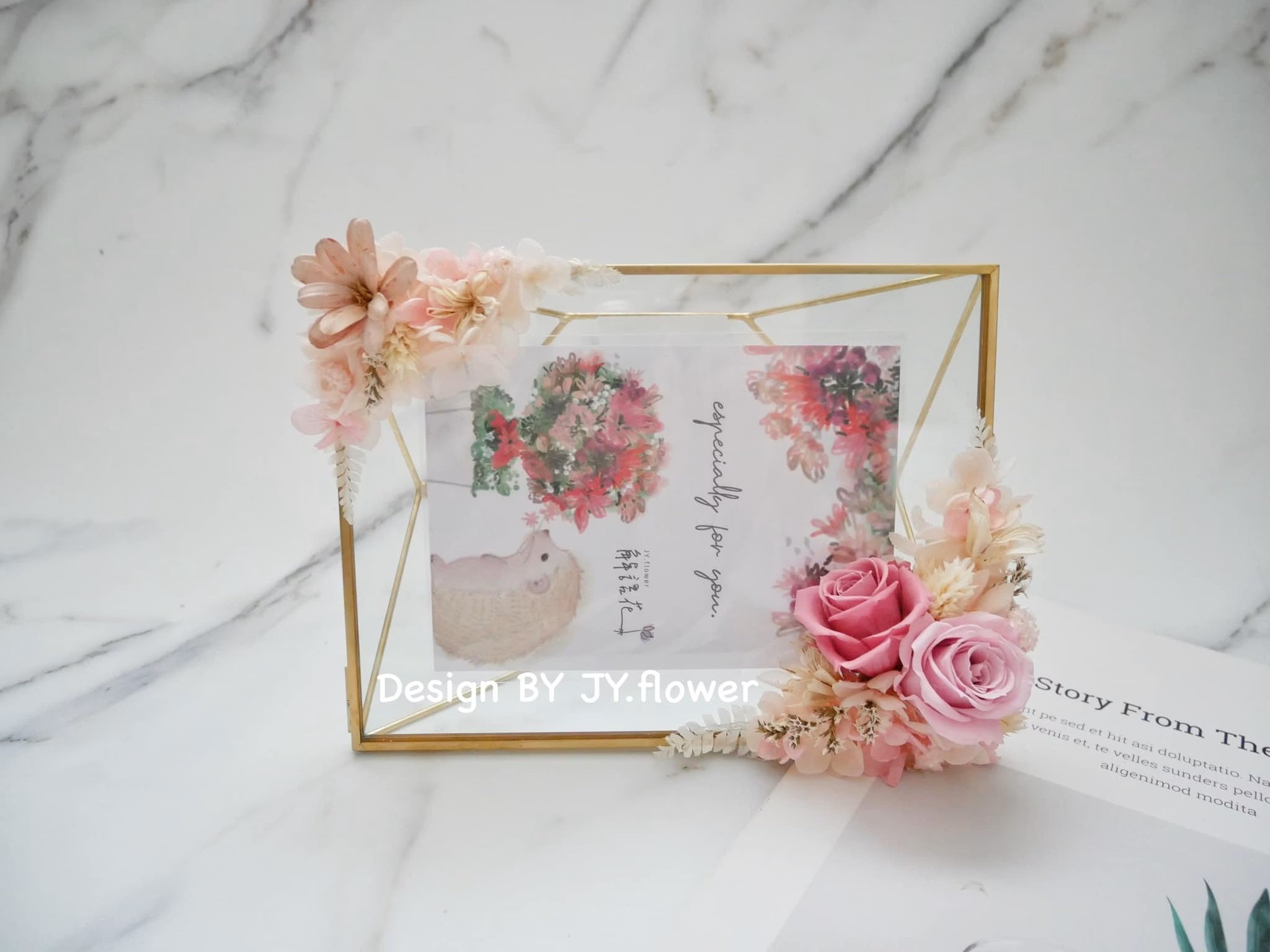 永生玫瑰繡球仿舊金屬玻璃相框【春櫻】