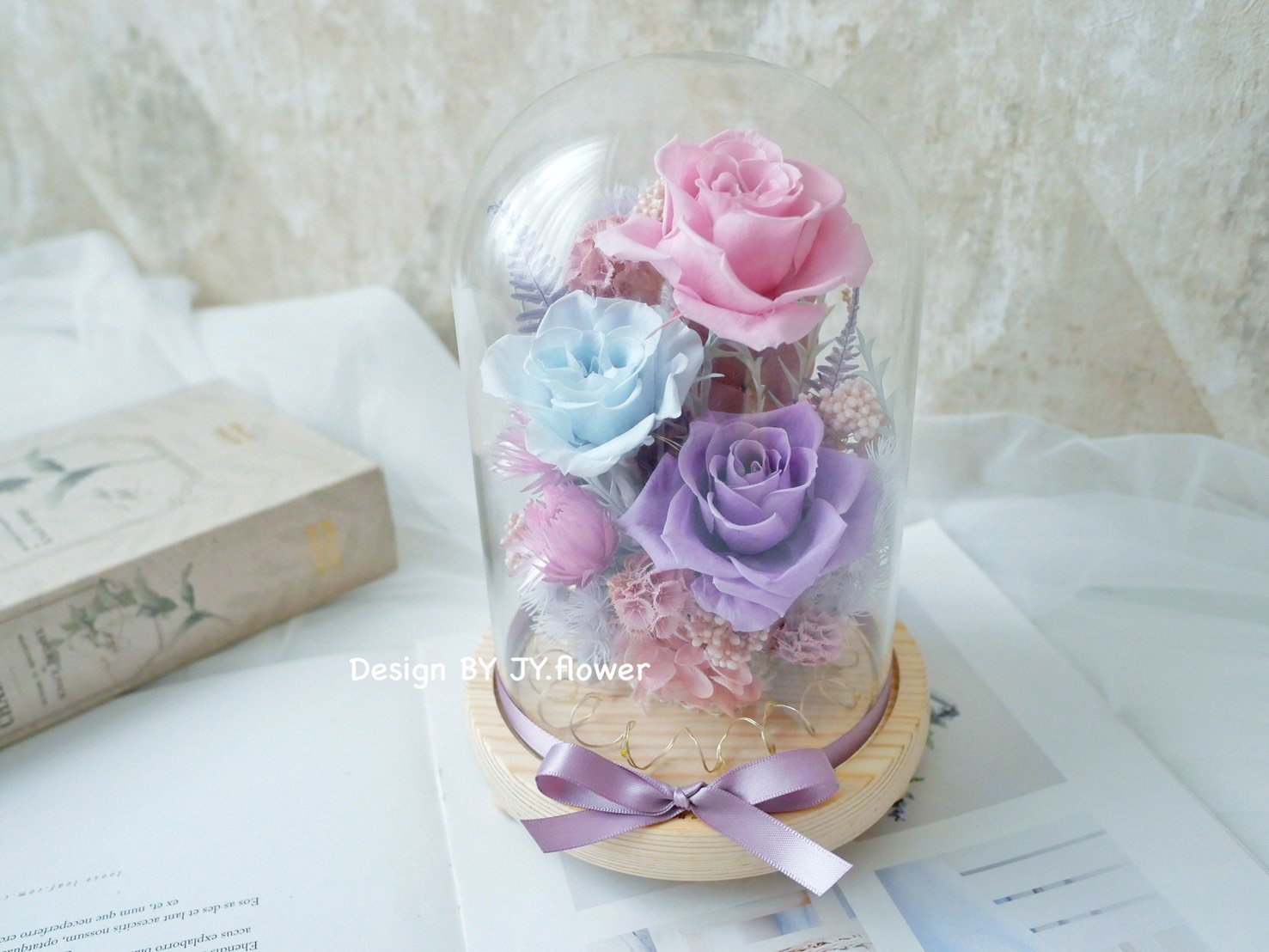 永生玫瑰長型玻璃罩夜燈【煙紫天藍】