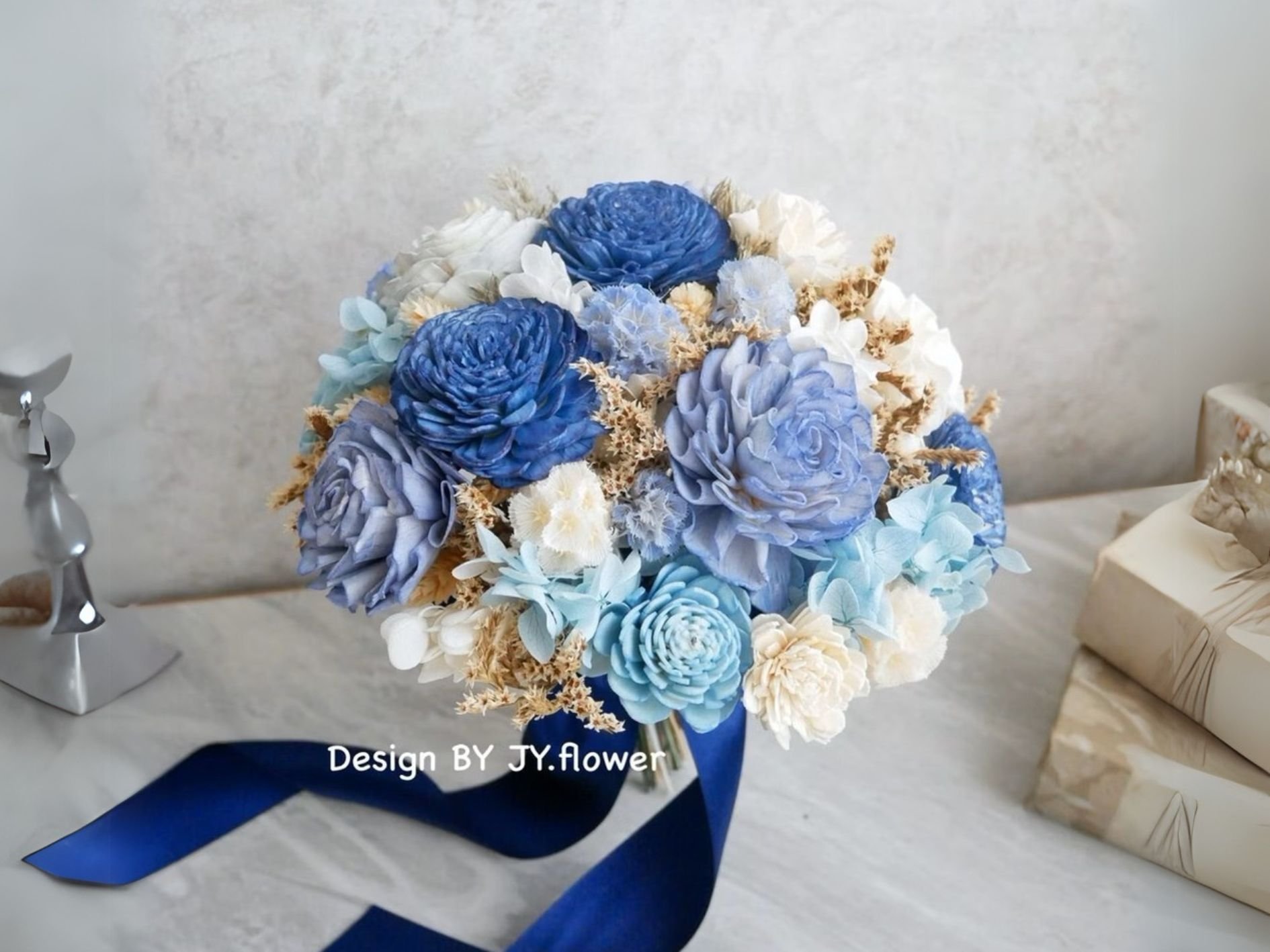 圓形乾燥花分束捧花【時尚藍調】