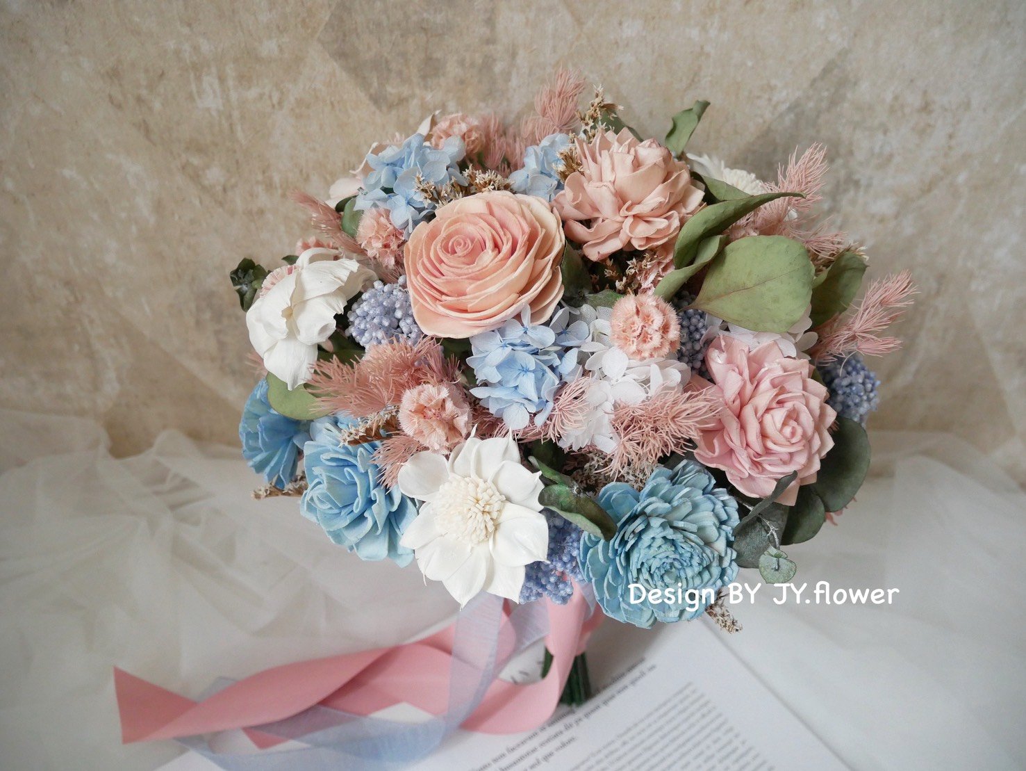 自然型手綁乾燥花分束捧花【寧靜粉藍】