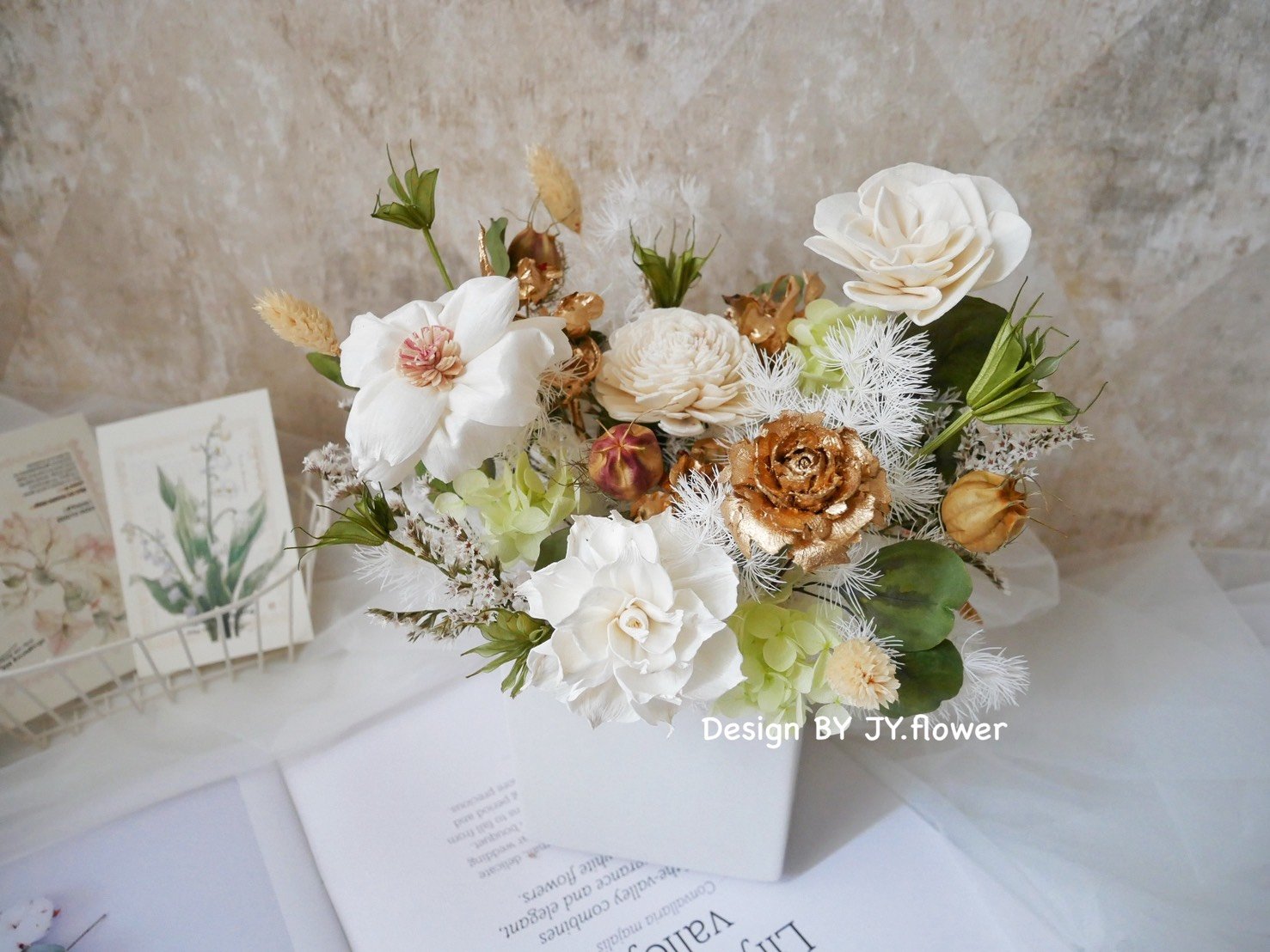 中大型乾燥花盆花【純白流金】