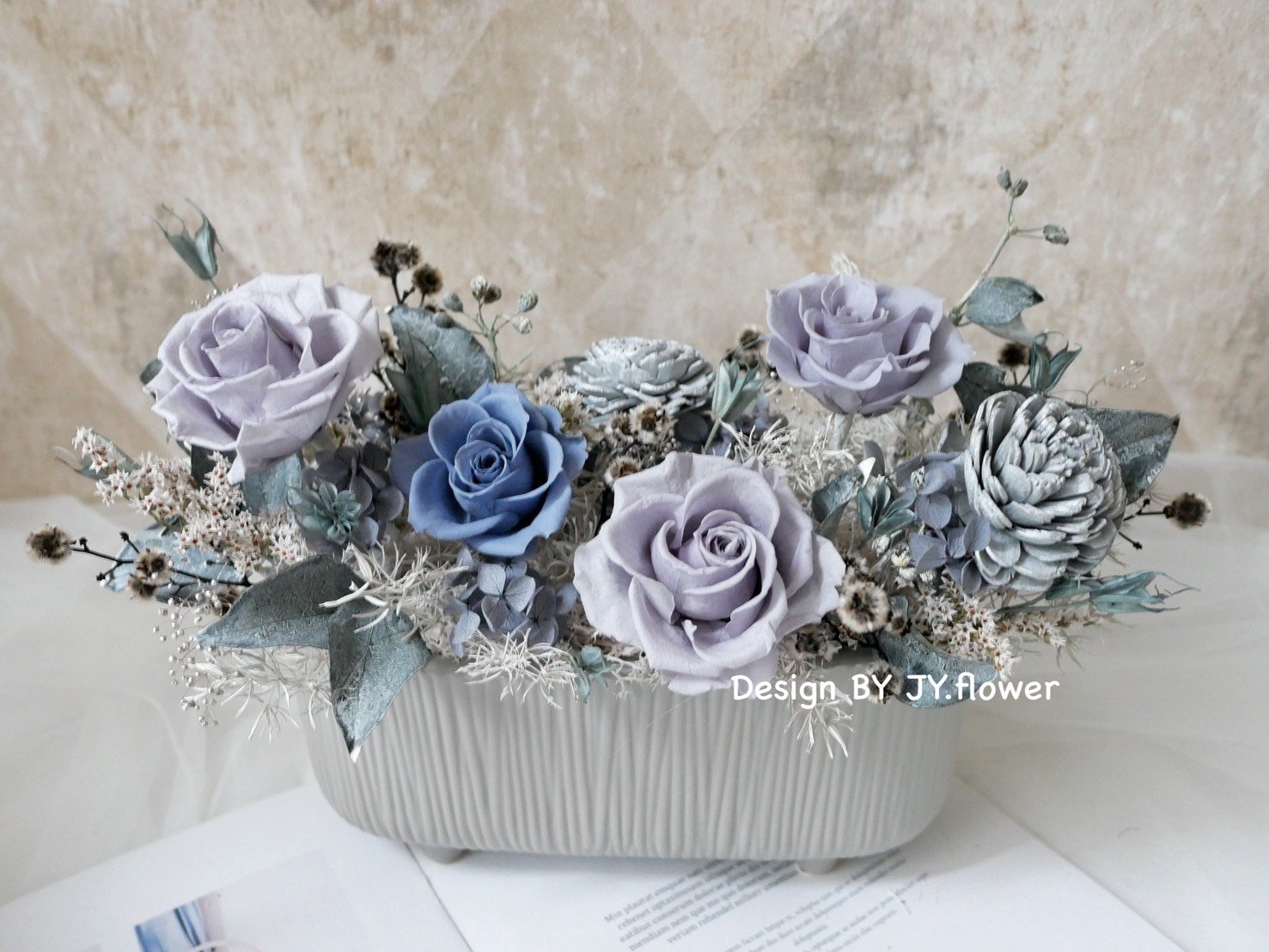 中大型長盆直紋永生乾燥盆花【沉靜灰藍】
