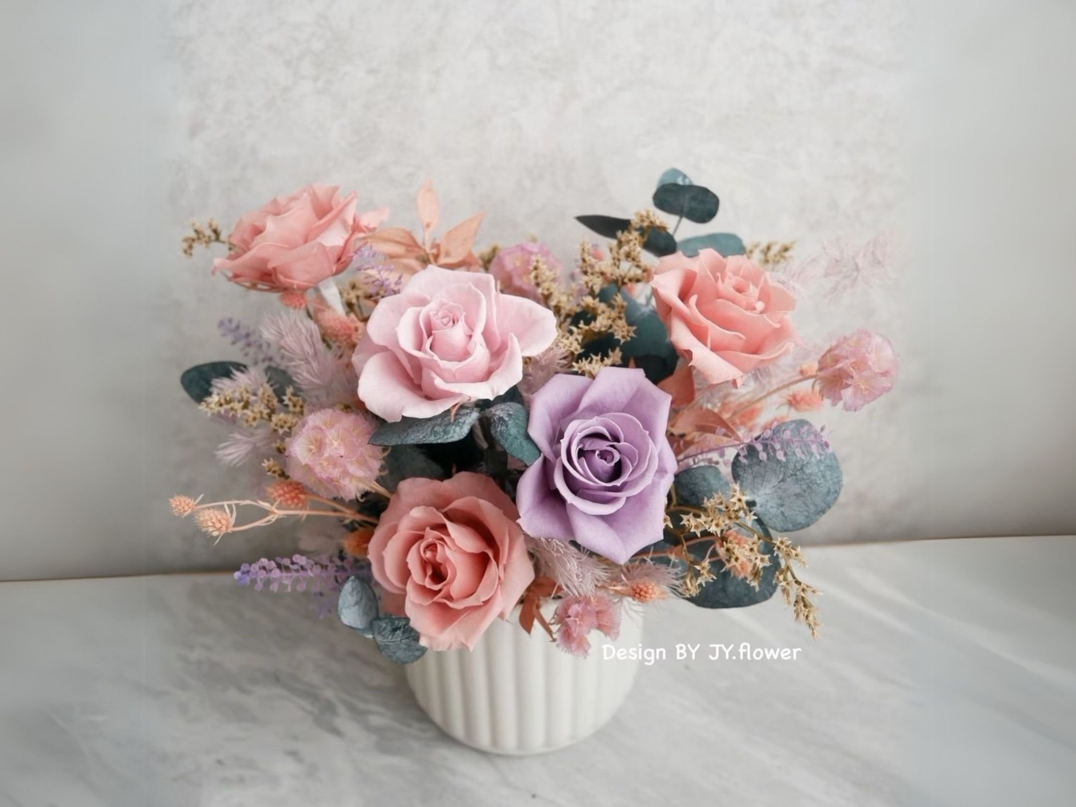 中大型圓盆永生玫瑰盆花【霧紫粉晶】