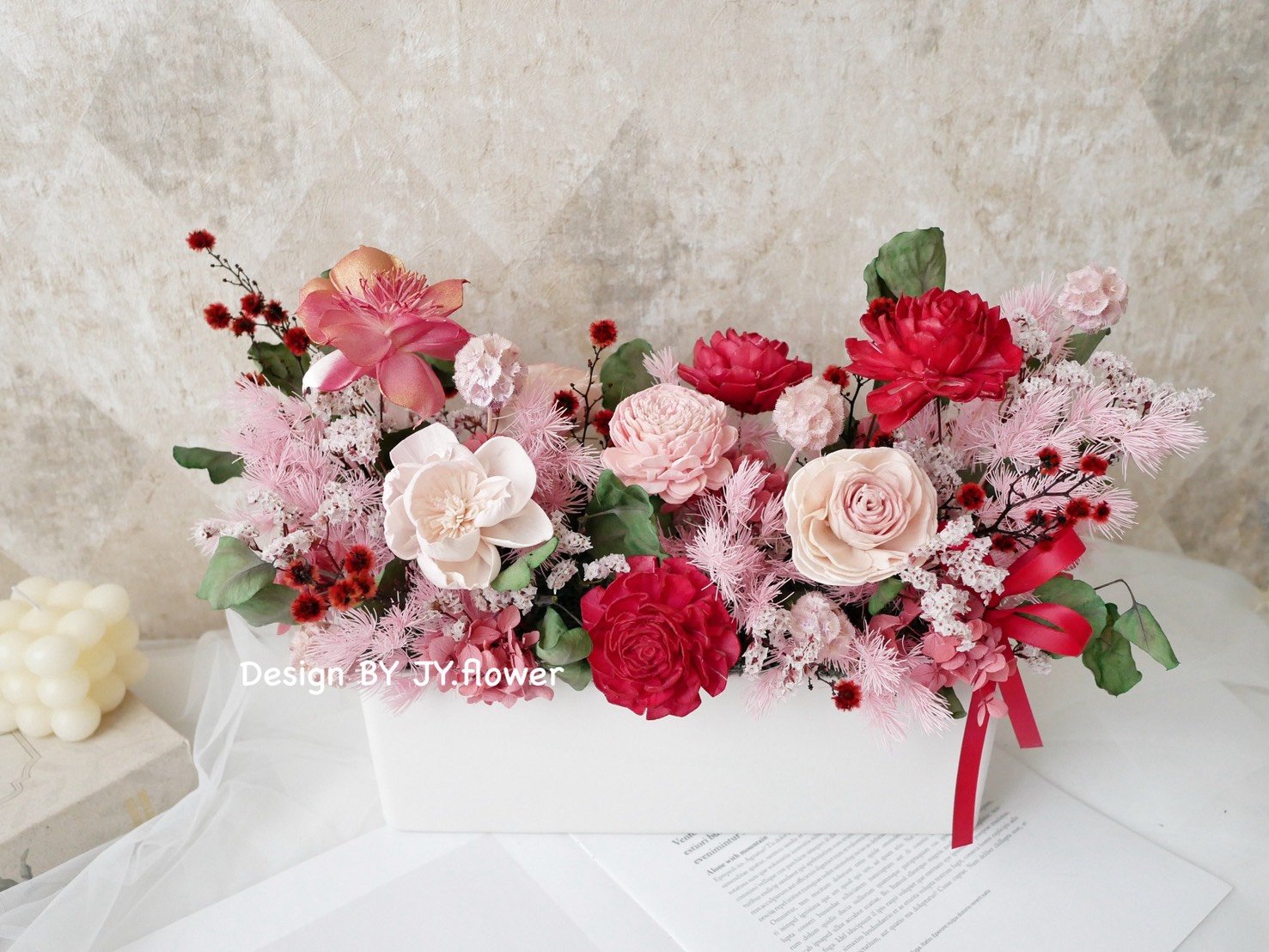 大型長盆乾燥花盆花【緋紅粉黛】