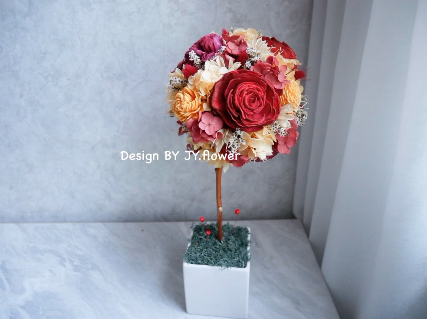 乾燥永生繡球花球樹盆花【橘橙暗紅】