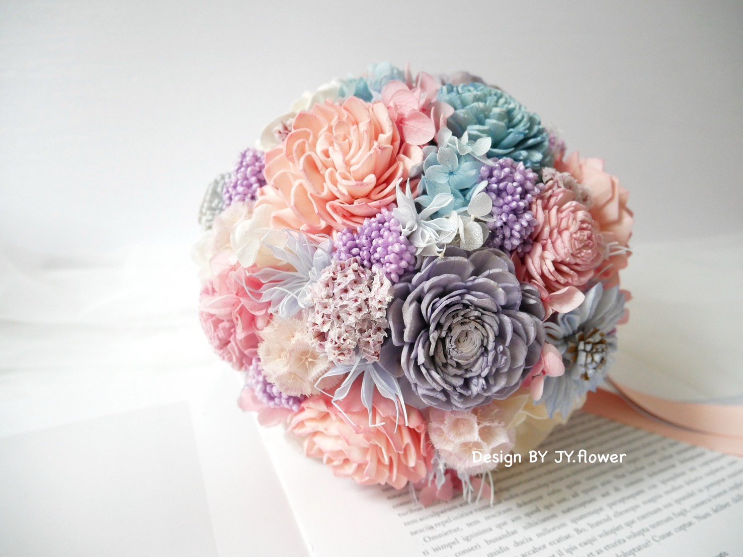 圓形乾燥花捧花【霧粉藍紫】