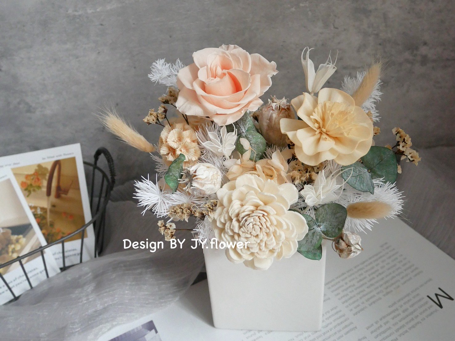 中小型乾燥永生盆花【奶白香檳】