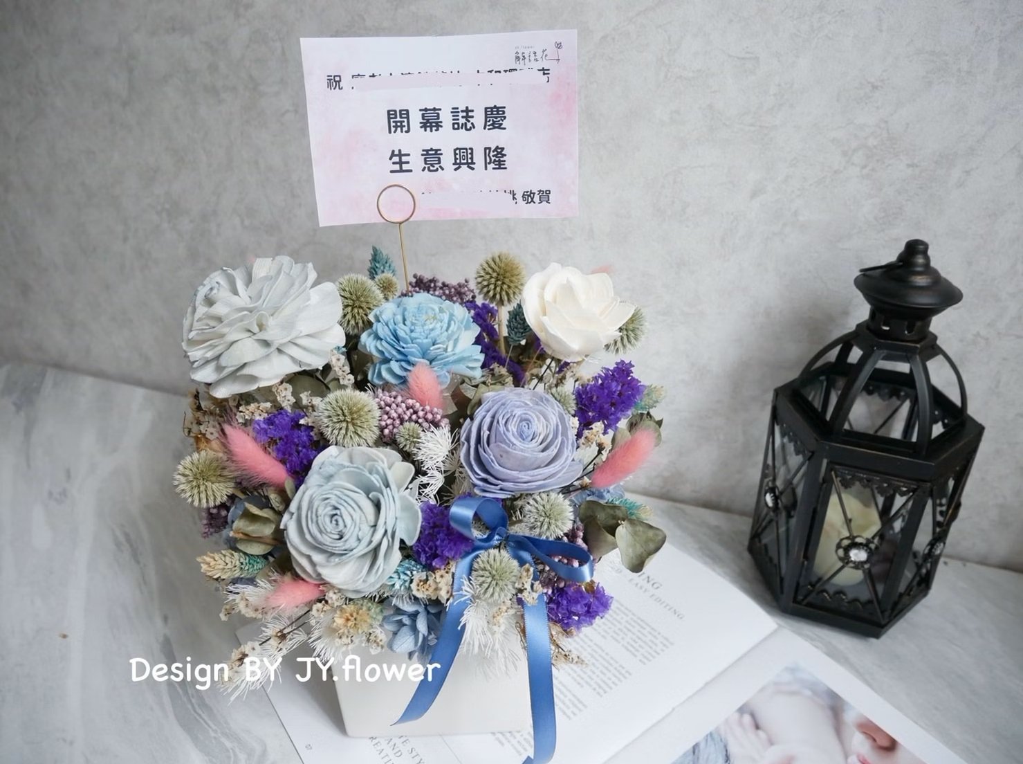 中大型加大款乾燥花盆花【青花靛藍】