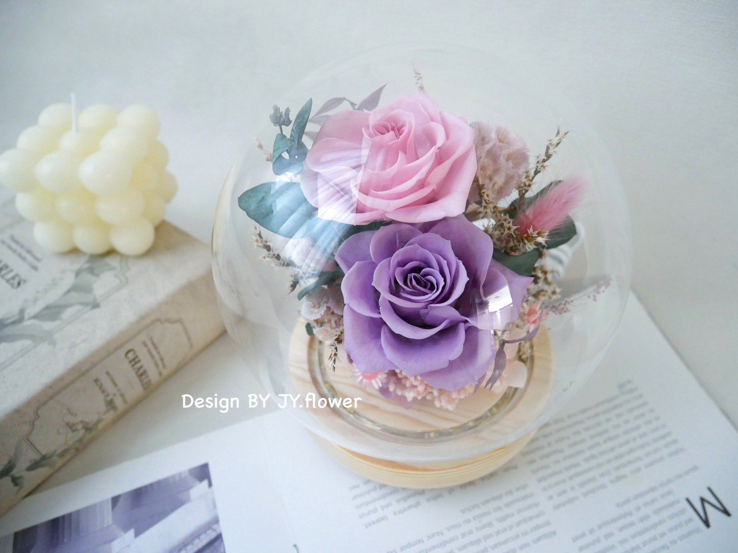 永生玫瑰水晶球玻璃罩夜燈【霧紫粉晶】