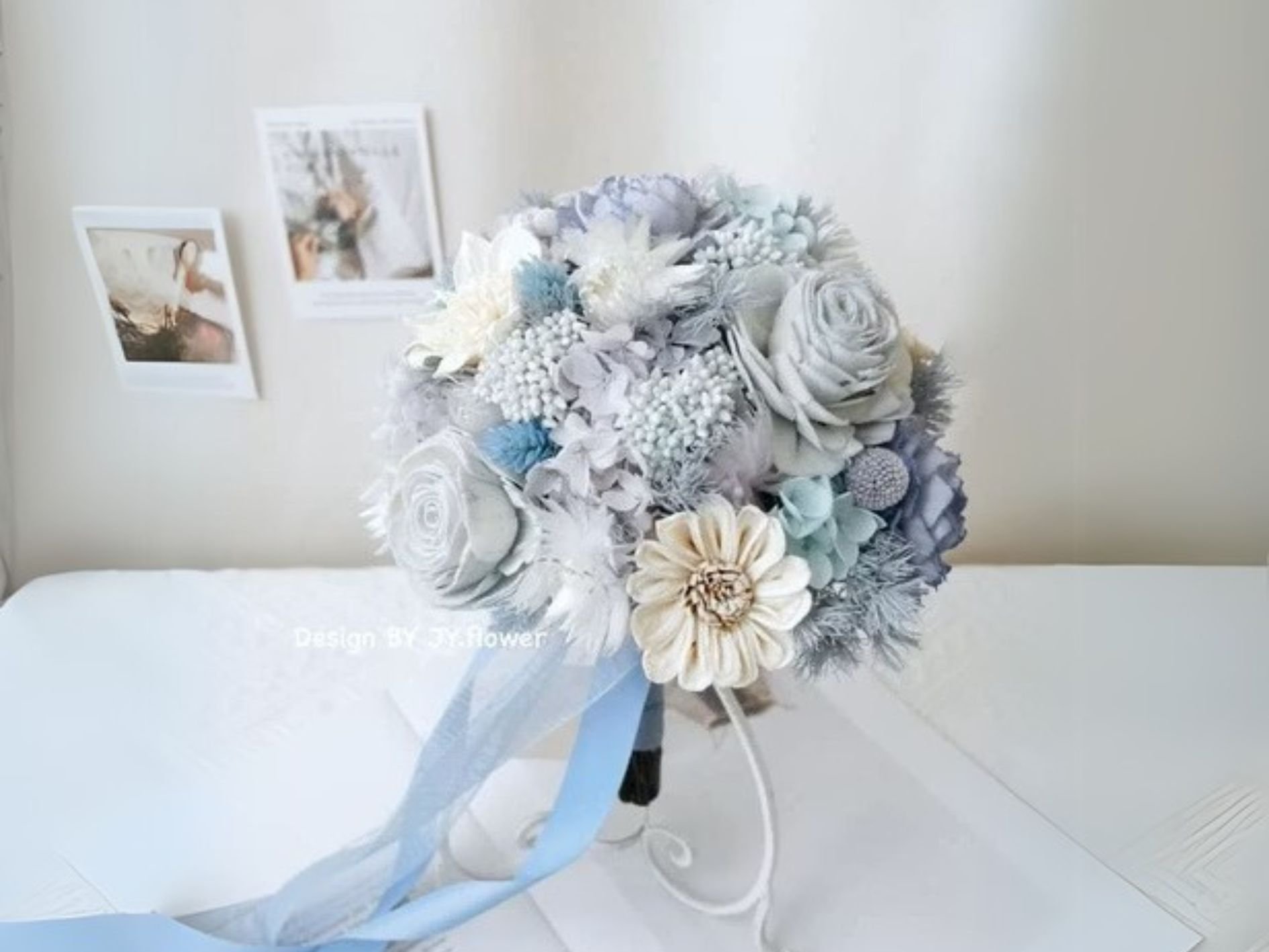 圓形乾燥花捧花【寒冰灰藍】