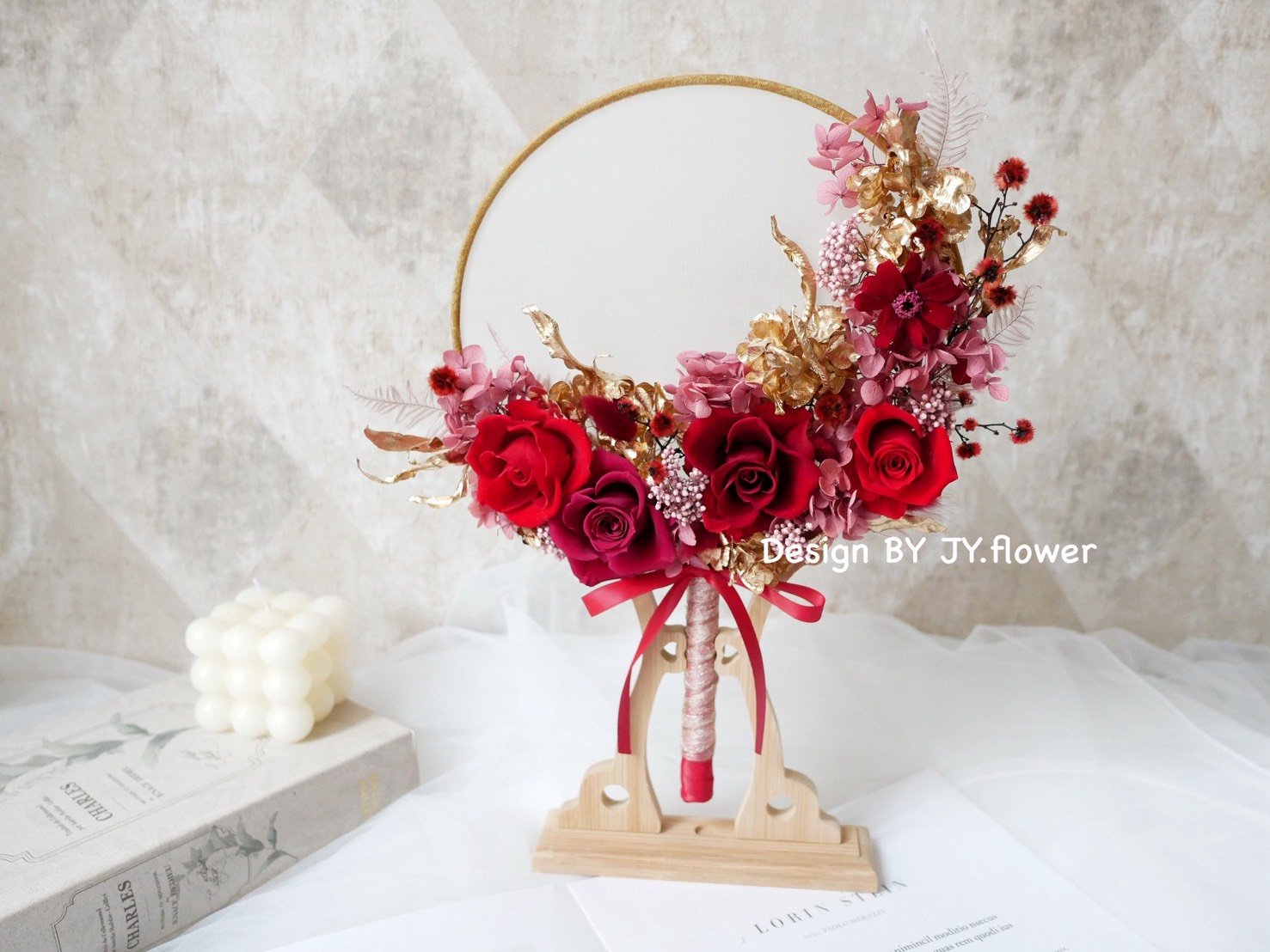 永生花中式團扇花【華麗紅金】