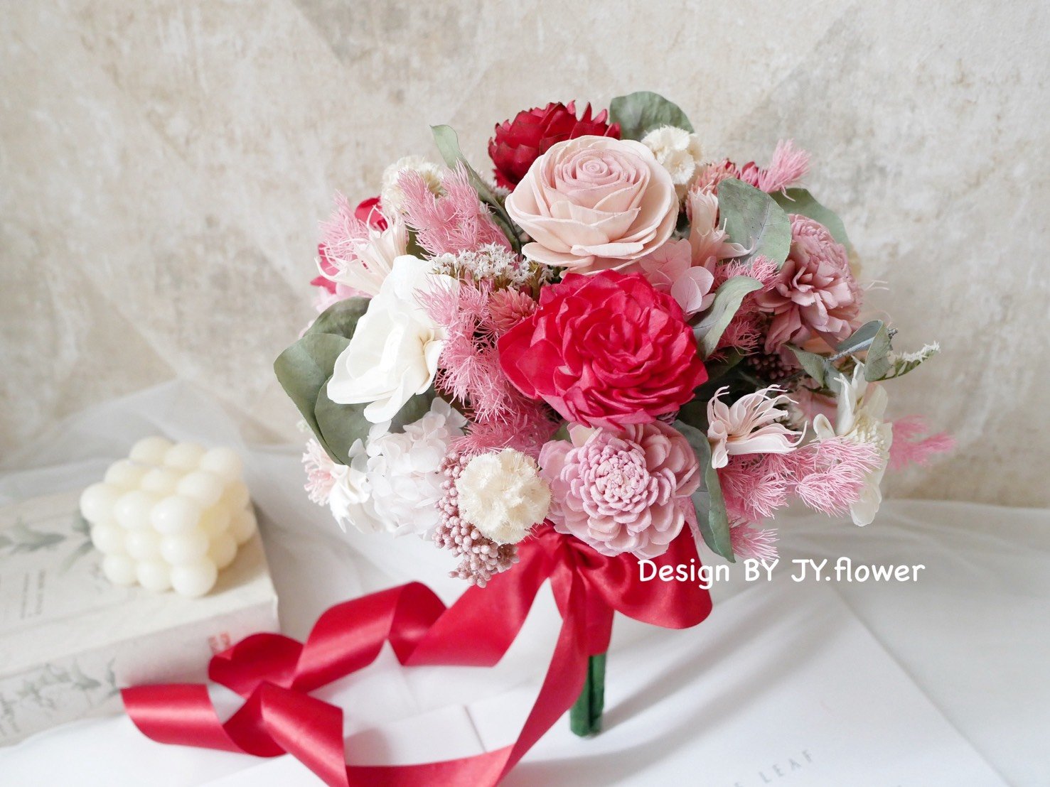 自然型手綁乾燥花分束捧花【紅粉知己】