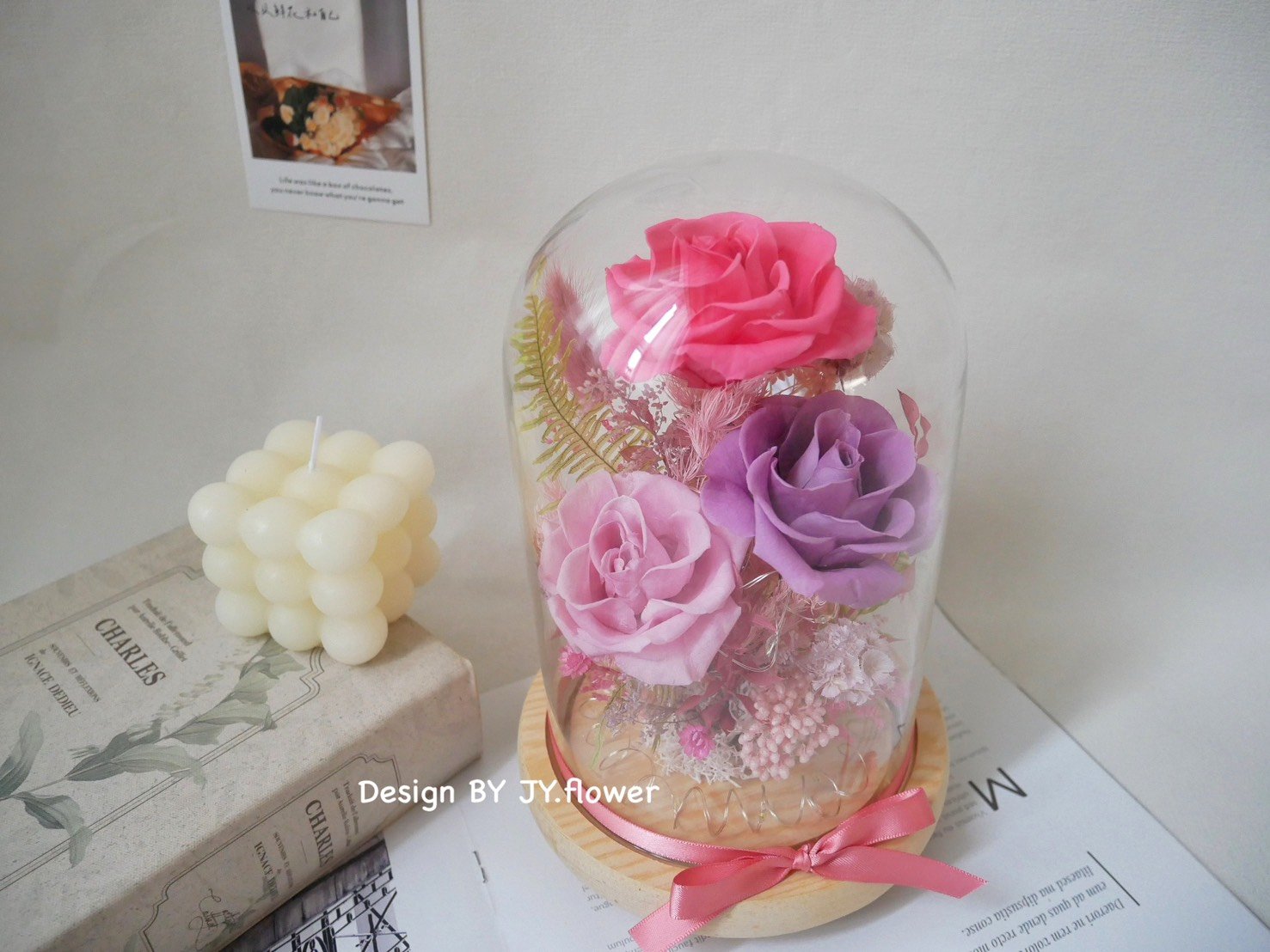 永生玫瑰長型玻璃罩夜燈【桃粉霧紫】