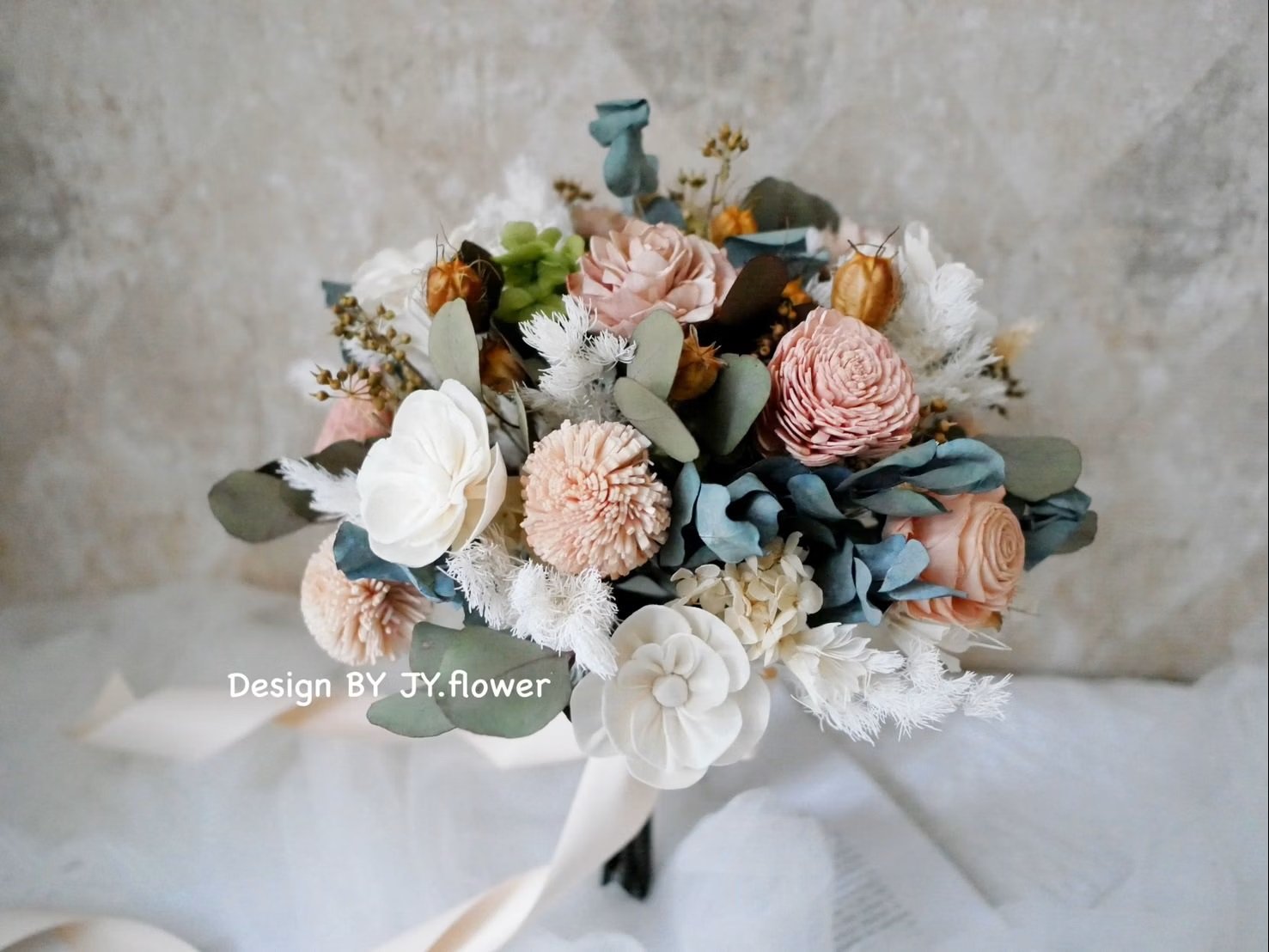 自然型手綁乾燥花分束捧花【可可膚粉】